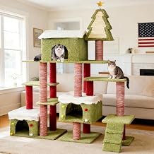 74in Christmas Cat Tree Tower with Cozy Condos, Multi-Level Green Cat Tower with Scratching Posts, Cat House Furniture with Snow Roof & Tree Design, Stable Cat Playground for Indoor Cats