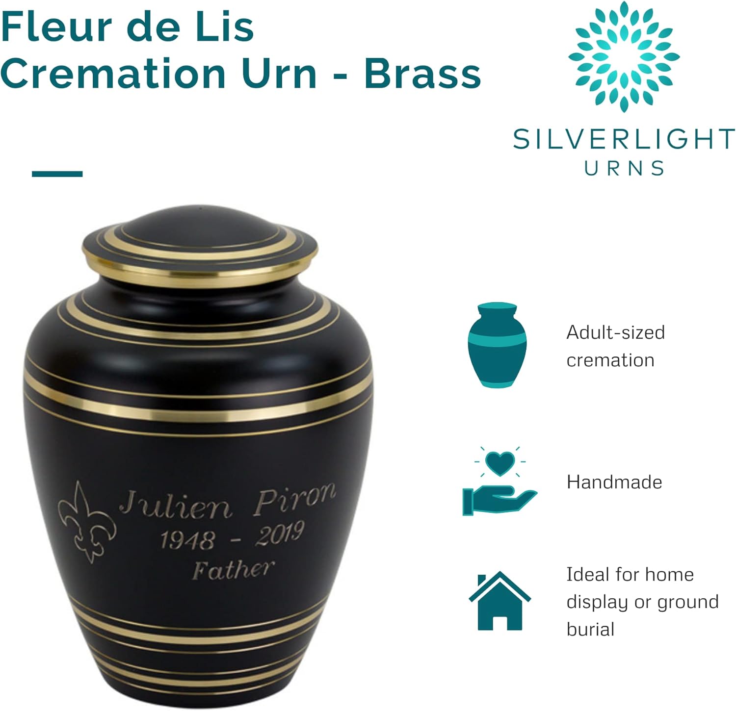 Custom Engraved Fleur de Lis Brass Cremation Urn for Ashes, Brass, Black Urn, Adult Sized Cremation Urn, 9.75 Inches High