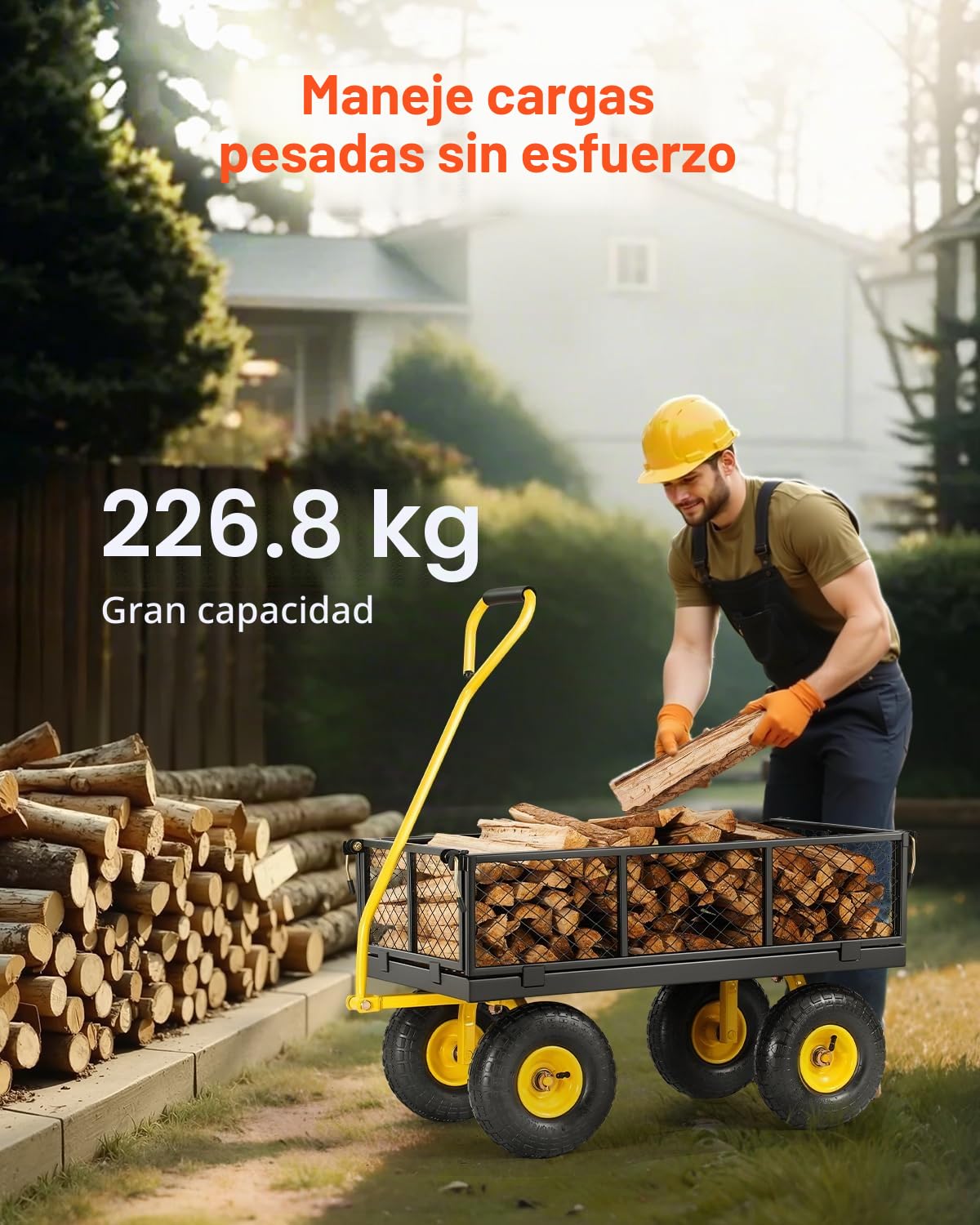 VEVOR Carrito Resistente de Jardín de Acero de 1700 x 480 x 515 mm con Neumáticos de 10", Laterales de Malla Extraíbles y Manija Giratoria de 180°, Capacidad de Carga de 226,80 kg, Amarillo y Negro