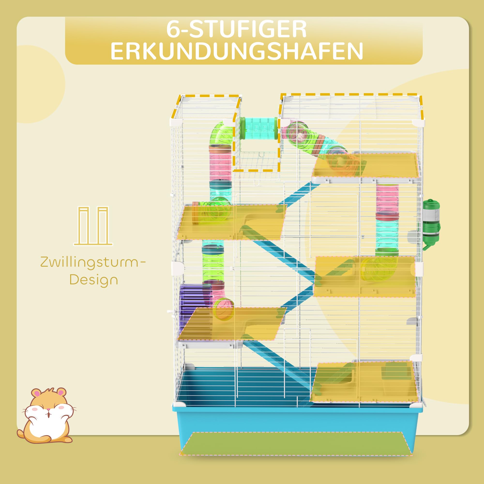 PawHut Hamsterkäfig 6 Etagen Nagerkäfig Kleintierkäfig aus Metallgitter mit Röhren, Tunnels, Hütte, Laufrad, Futterschale, Wasserflasche, Rampen, für Zwerghamster, Gerbils, 58 x 36 x 81 cm Hellblau