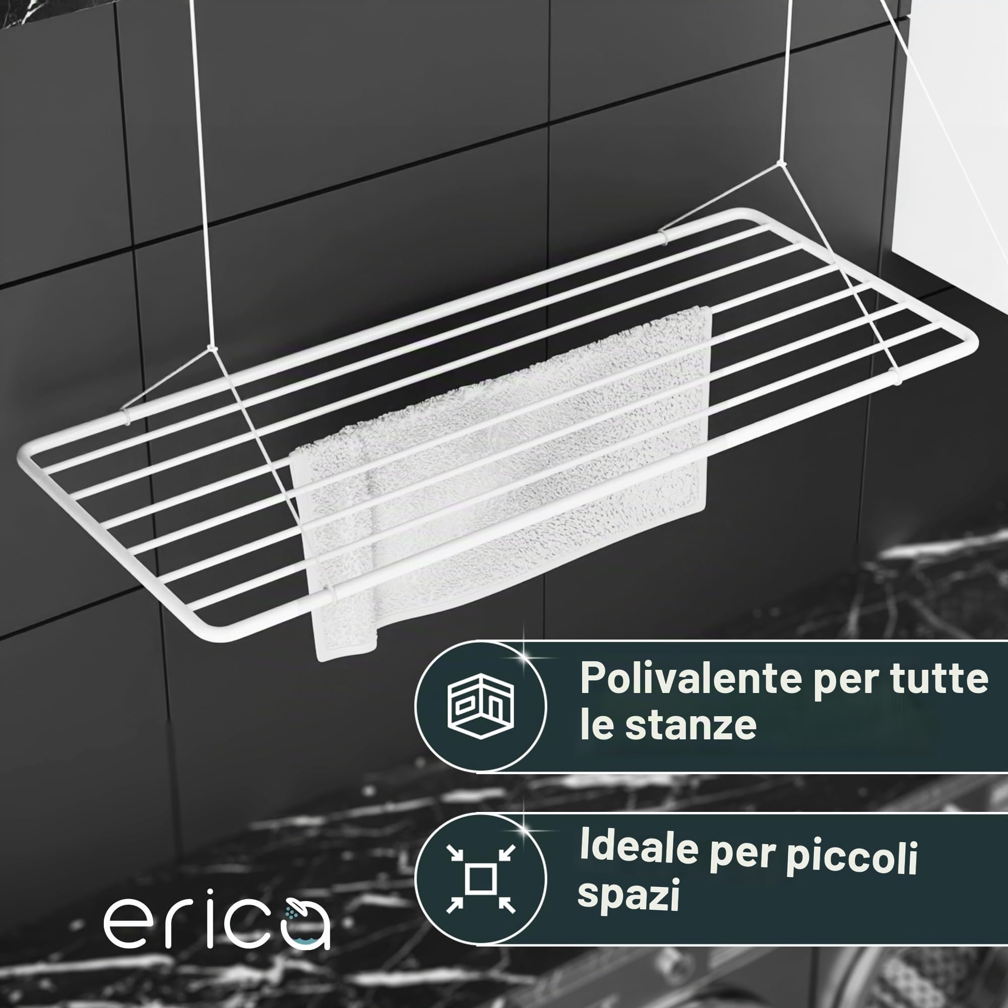 Erica Eric Stendibiancheria da soffitto 120x50cm, 9.6m di superficie asciugante, 2.5m Mini Stendino da soffitto pieghevole, Metallo con rivestimento in plastica senza PVC, Stendino bianco