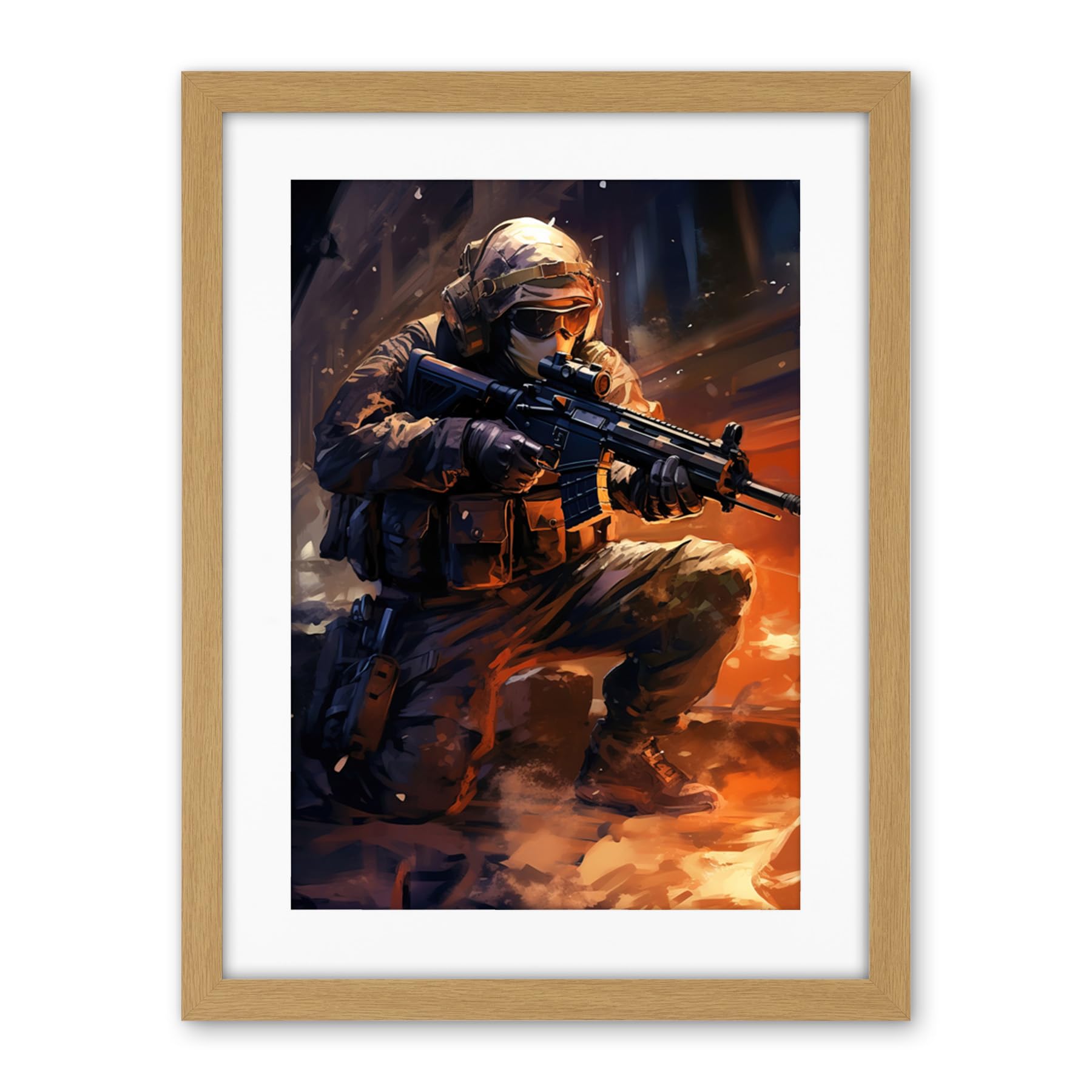 Artery8 Army Warfare Desert Sniper Explosion Flames Oil Painting Soldier Action Scene Artwork Framed Wall Art Print 18X24 Inch