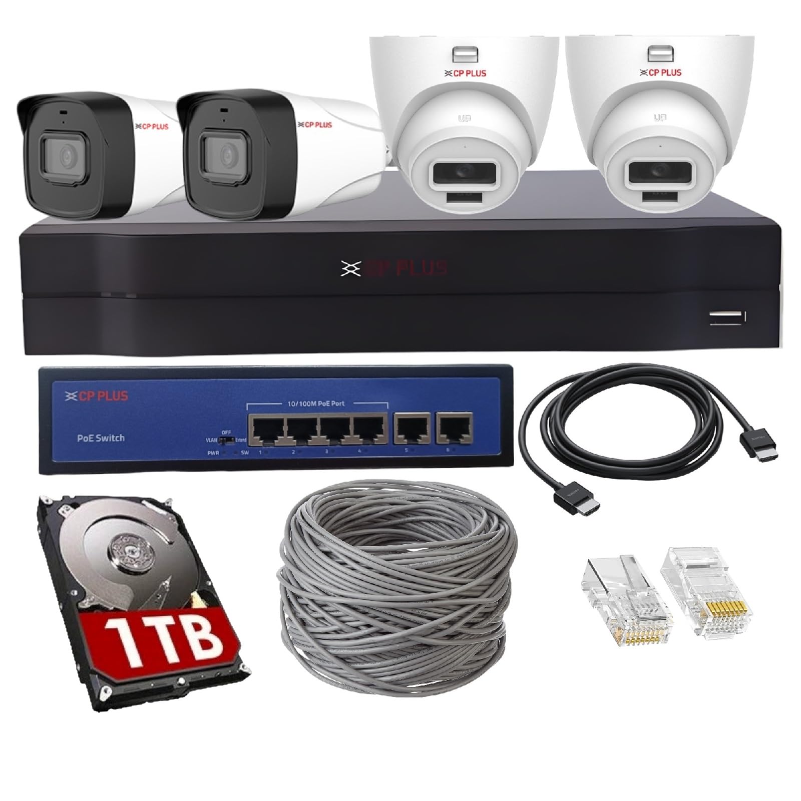 CP PLUS 4 Channel Full HD NVR with 2X 2 MP Outdoor and 2X Indoor Built-in Audio Mic Wired IP CCTV Cameras, Motion Detection, 4 Port PoE, 1TB HDD, 100 Meter CAT6 Cable, RJ45 Connector - White-picture-34