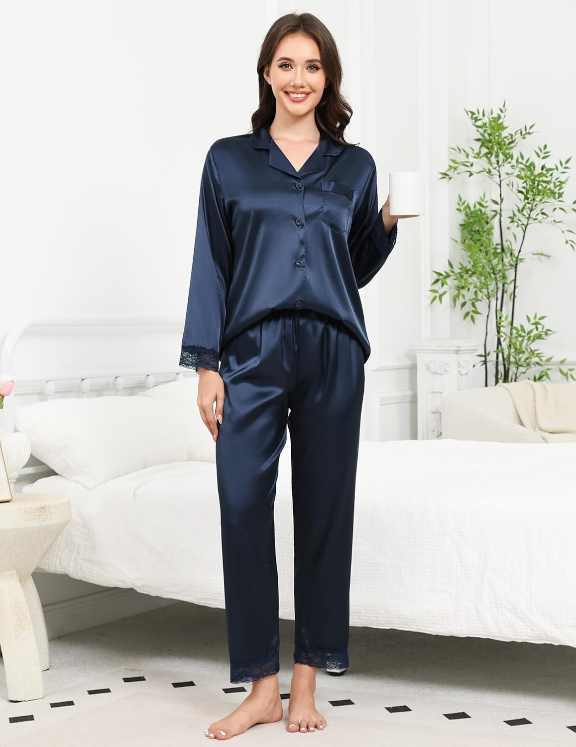 TeJoyce Silk Pajamas for Women Set Long Sleeve Satin Pj Set 2 Pieces Button Down Loungewear Soft Lace Sleepwear - Image 2