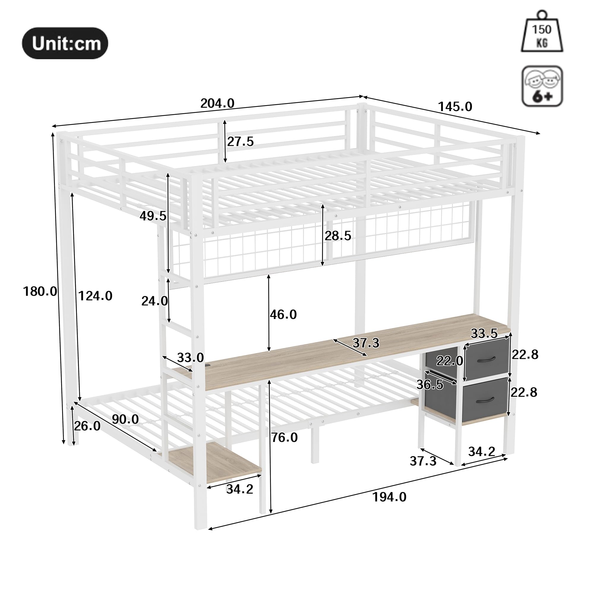 Zepneiy Letto a soppalco 140 x 200 cm, con 7 LED colorati e presa USB, letto a soppalco con scrivania e cassetti, letto per ragazzi con scala e ringhiere, bianco (senza materasso)