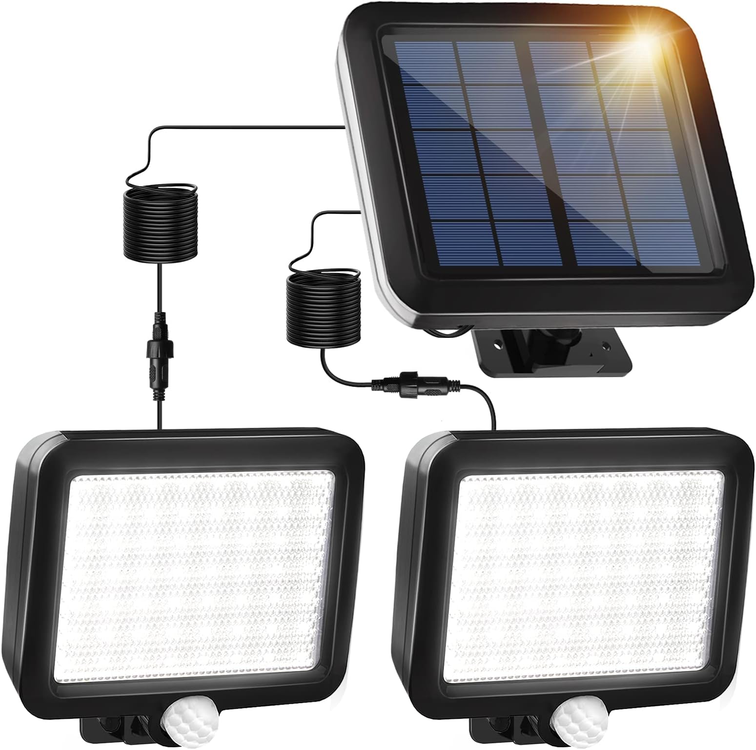 Solar Lights Outdoor Indoor Motion Sensor, Solar Security Lights with 56 LED Dual Lamps, 16.5ft Separated Cables IP65 Waterproof with 3 Lighting Mode Solar Lights for Barn, Garage, House, Pool