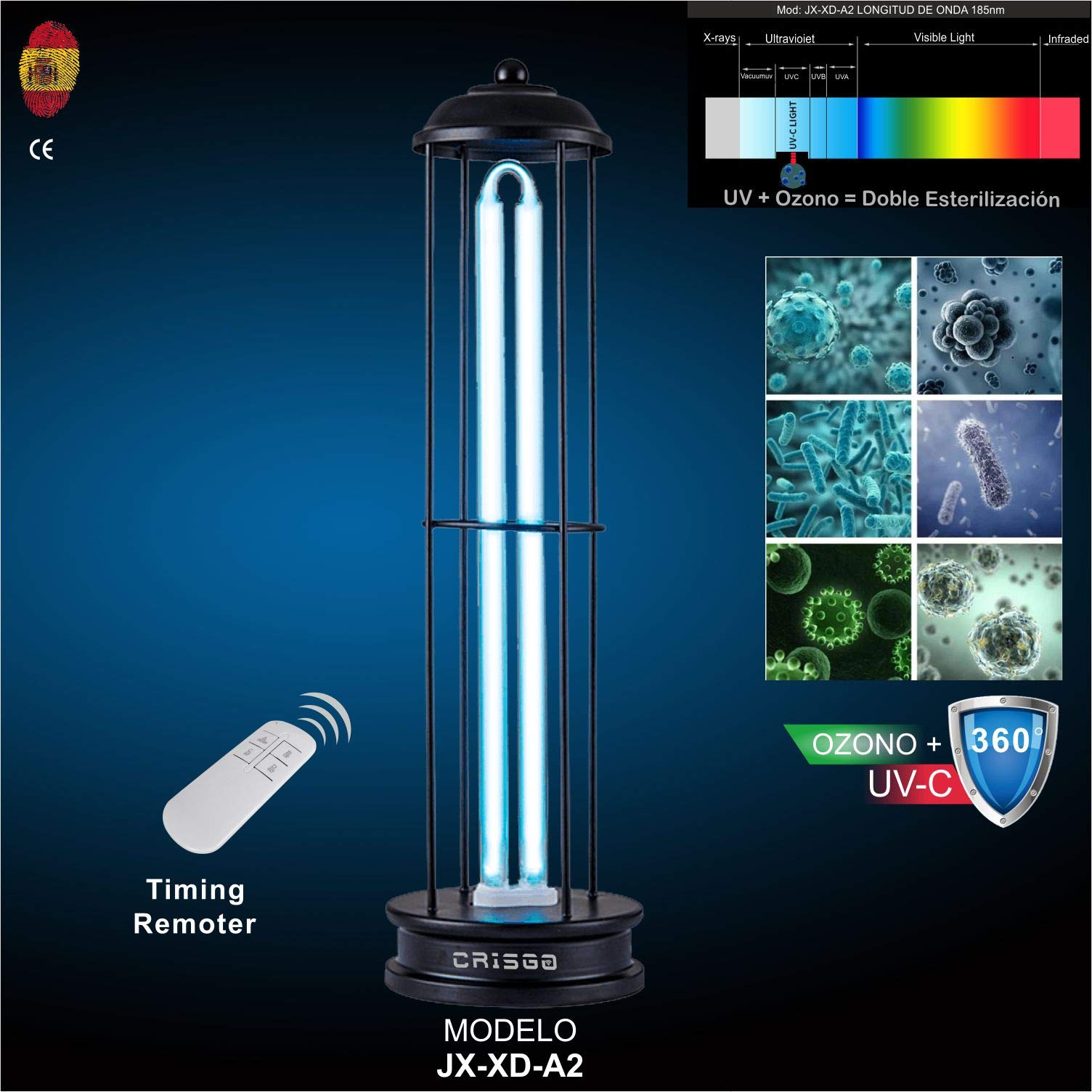 Lampara Uv, + OZONO con MD 36W y programable 15/30/60 minutos, elimina virus, bacterias, hongos.