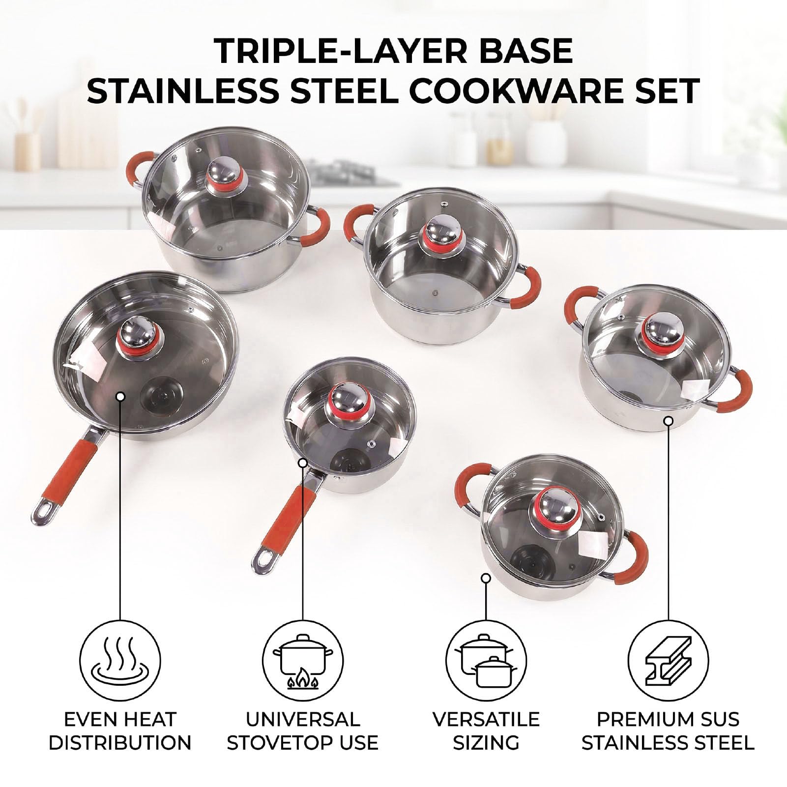 Fockety Set di pentole, set da 6 pezzi in acciaio inox con coperchi in vetro, base rinforzata a triplo strato per tutti i piani cottura, ideale per la cucinas di tutti i giorni (rosso)