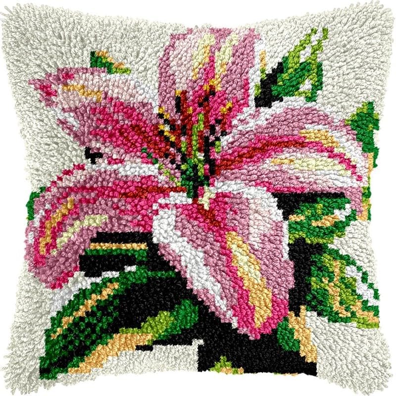 Lilies Flowers Latch Hook Pillow Kits Pillow Cover Pattern Printed Canvas Knitted Hooking Pillowcase Cushion with Zipper Crafts Crochet Home Decor DIY Kits 17x17 inch(s-172)