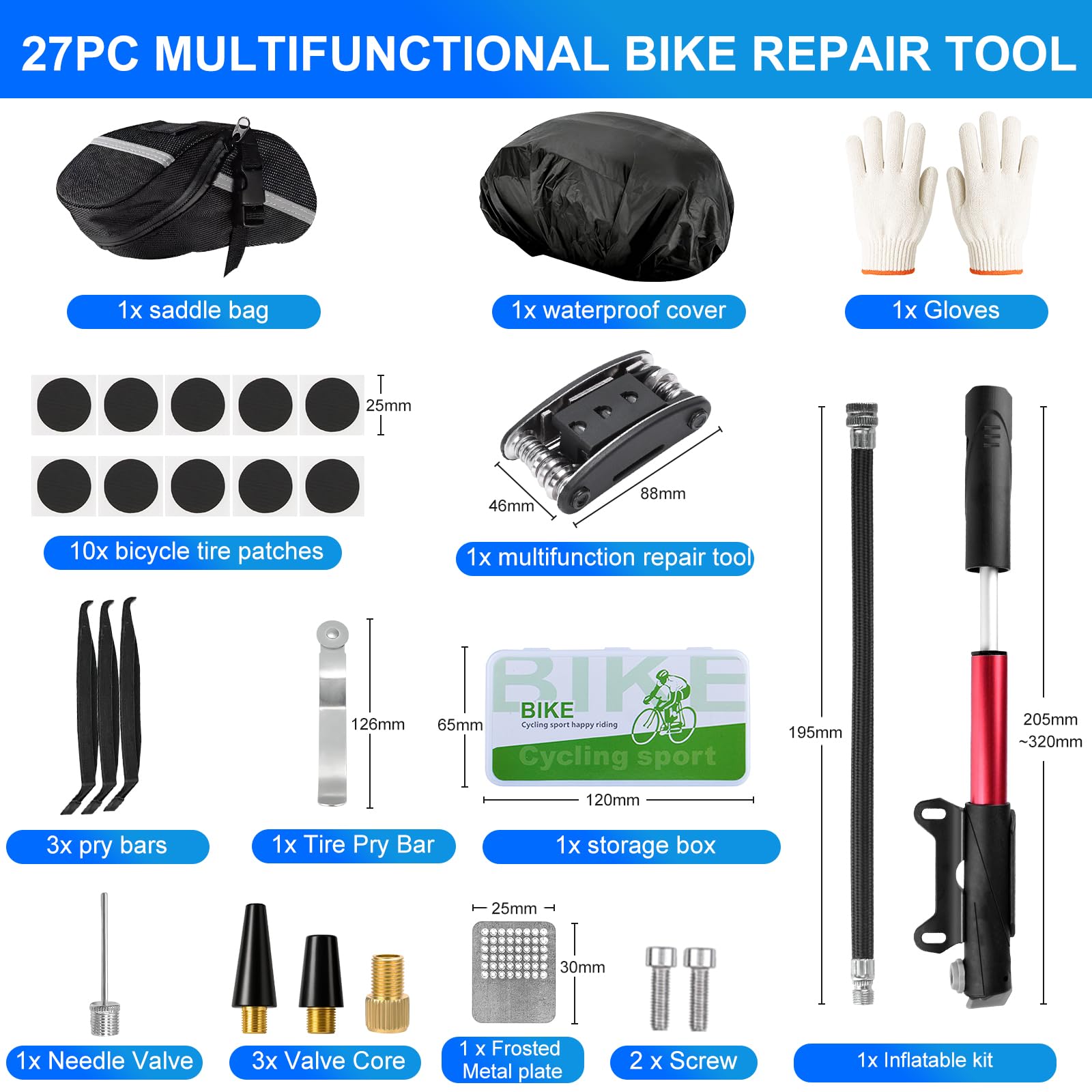 Ninonly Kit Riparazione Bici 27 Pezzi con Mini Pompa 120PSI e Multitool 16 in 1 Kit Bici Riparazione Completo con Borsello, Kit Foratura Bici e Copertura Impermeabile per Bici da Corsa, MTB e Città