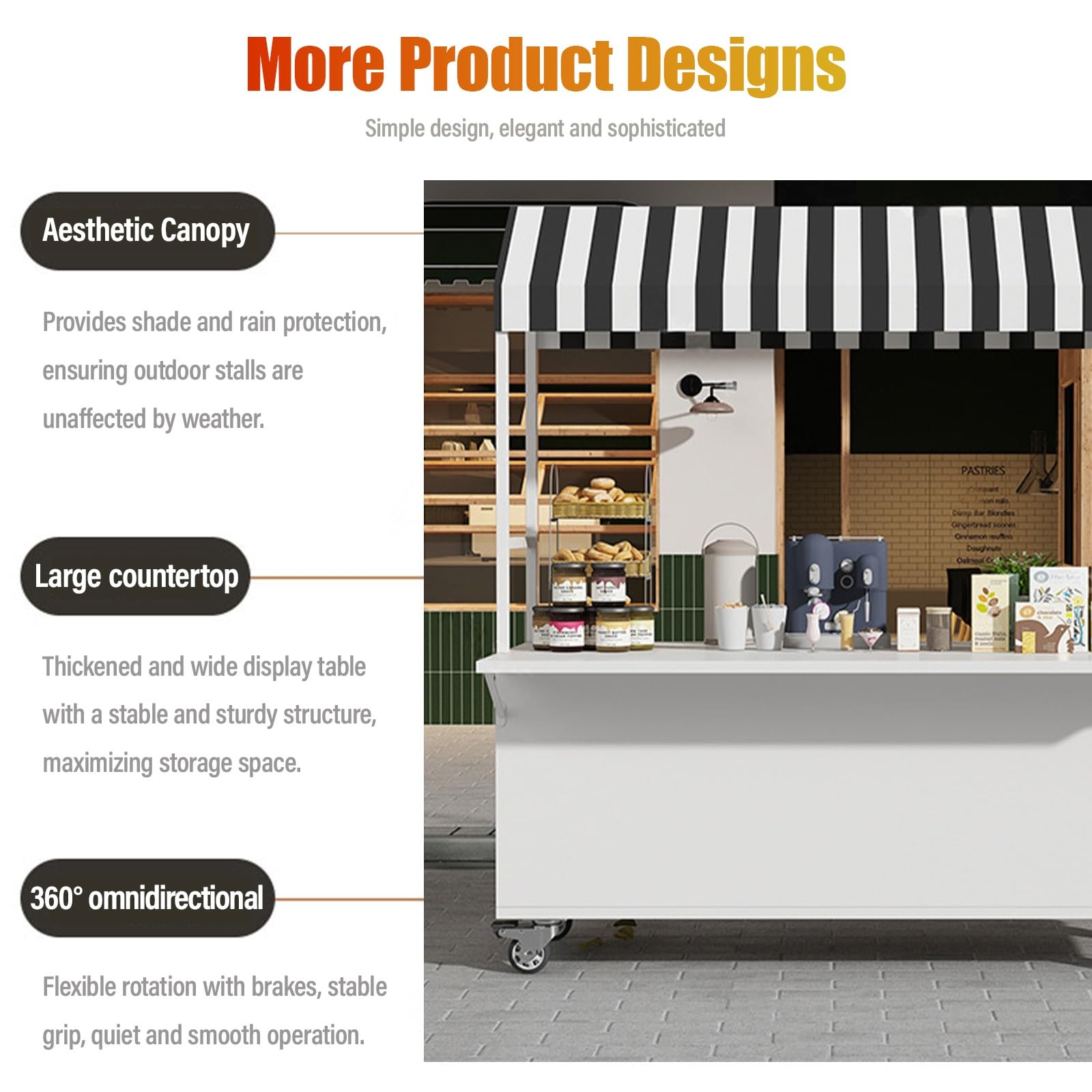 Carrello per alimenti da esterno con tettoia a righe, ruote bloccabili, piano del tavolo espandibile, carrello portatile in metallo per festival di strada, camion alimentari, eventi di catering