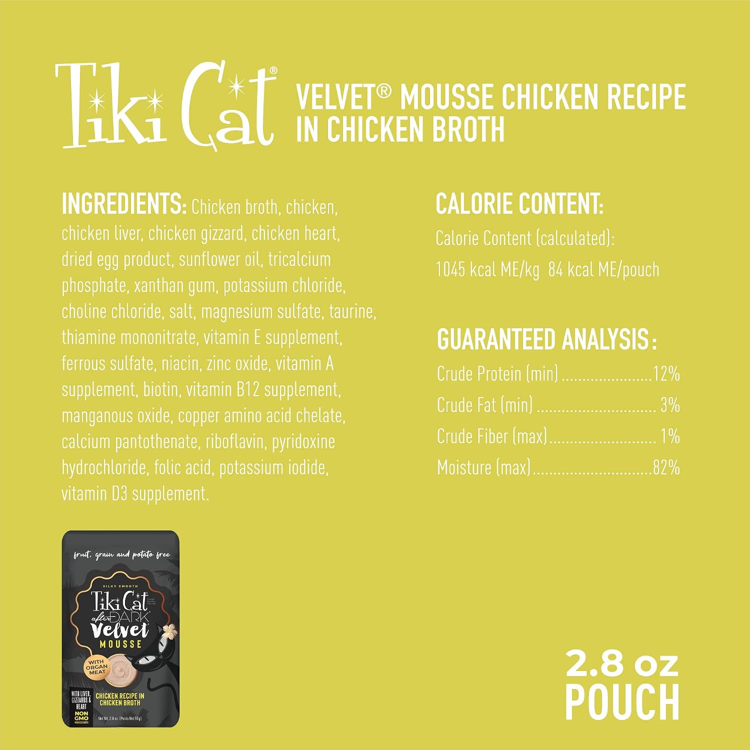 Tiki Cat After Dark, Velvet Mousse, Chicken Recipe in Chicken Broth, Grain & Potato Free Formula, with High Protein & Nutrient Dense Blended Irresistible Organ Meat, 2.8 oz. Pouch (12 Count)