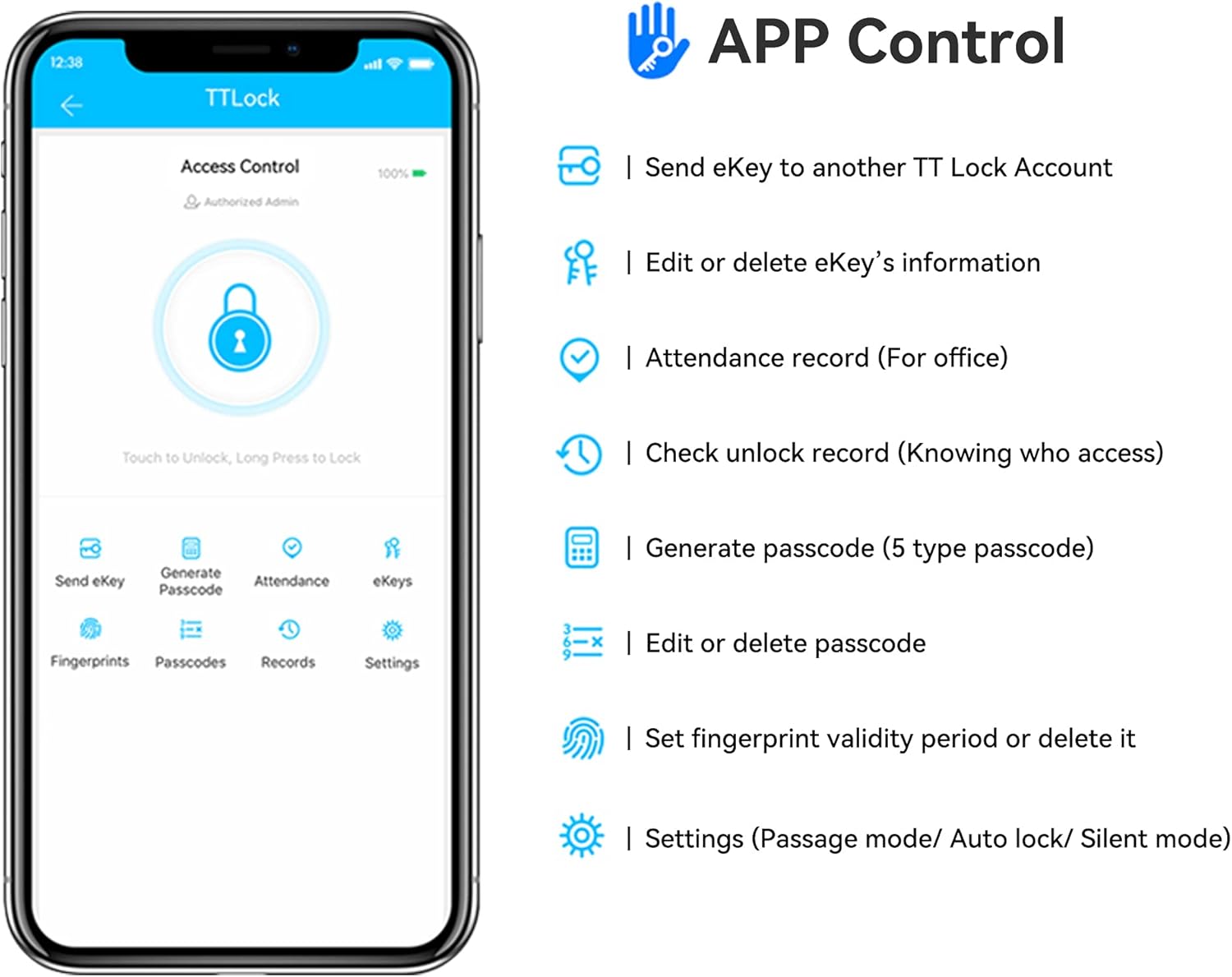 Screenshot of the TTLock app interface showing options for access control, generating passcodes, and managing eKeys.