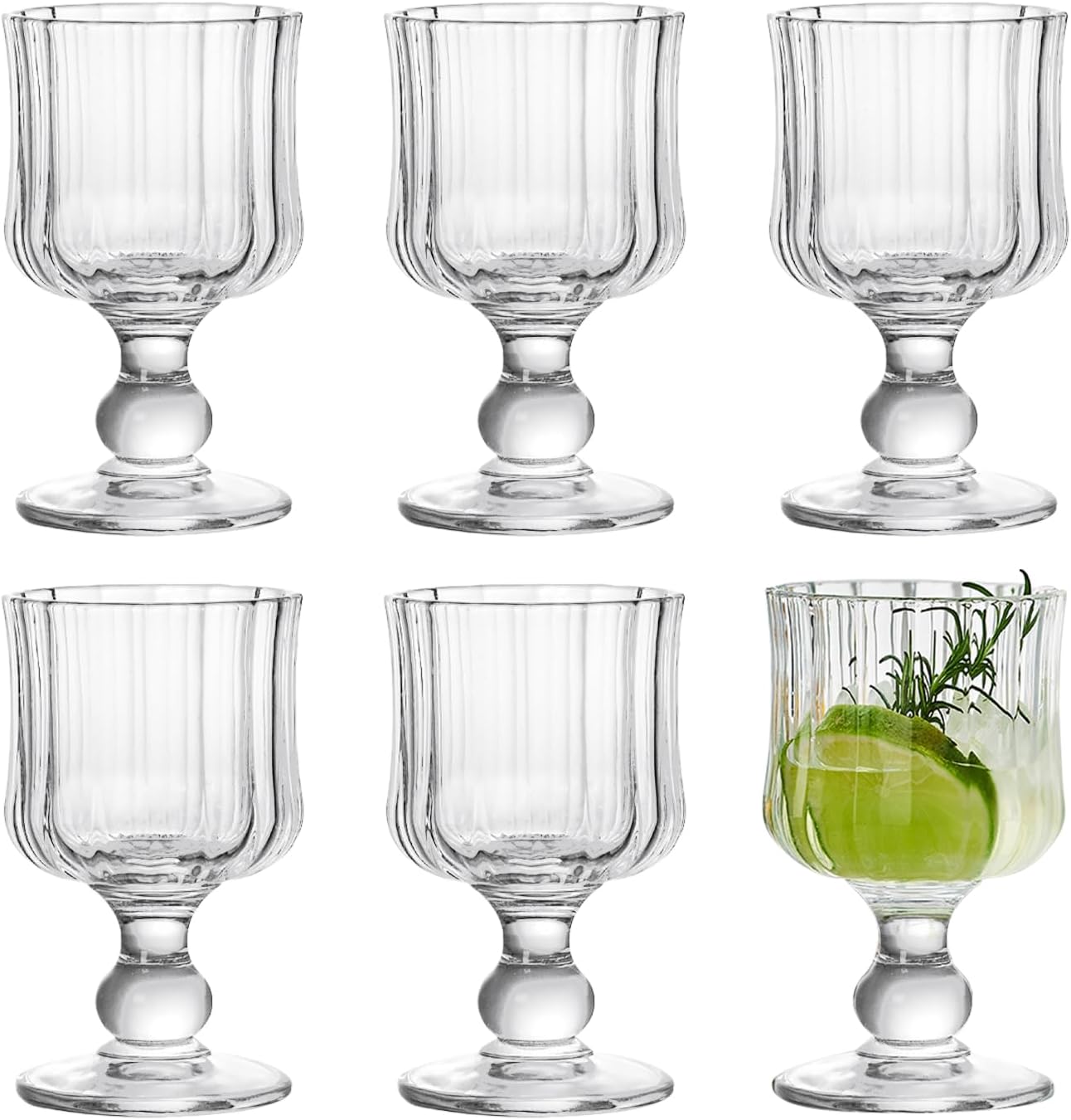 6oz Wine Glasses Goblets Set of 6 Embossed Glass Cups Stemmed Vintage Cocktail Glasses High Clear Drinking Cups Stemware Juice Mailkshake Wine Glass Cup for Luau Party Wedding Birthday Bar