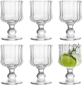 6oz Wine Glasses Goblets Set of 6 Embossed Glass Cups Stemmed Vintage Cocktail Glasses High Clear Drinking Cups Stemware Juice Mailkshake Wine Glass Cup for Luau Party Wedding Birthday Bar