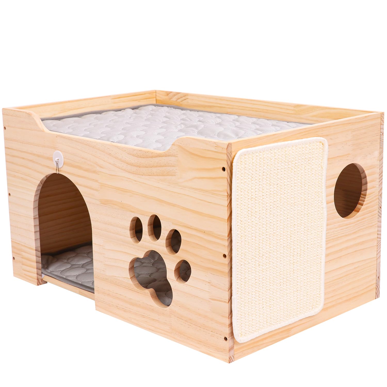 Maison en bois pour chat et cubes de jeu pour aménager un salon chaleureux
