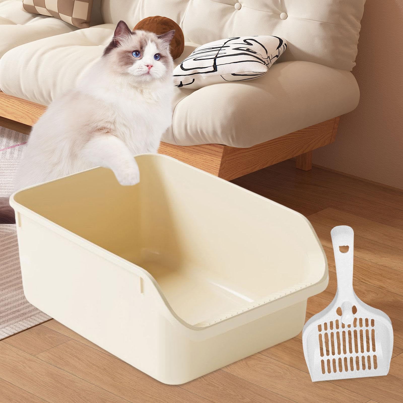 Offene Katzentoilette für Kätzchen, Katzenzubehör, Spritzschutz, Sandkasten, Halbgeschlossene Katzentoilette, Extra Groß, Beige