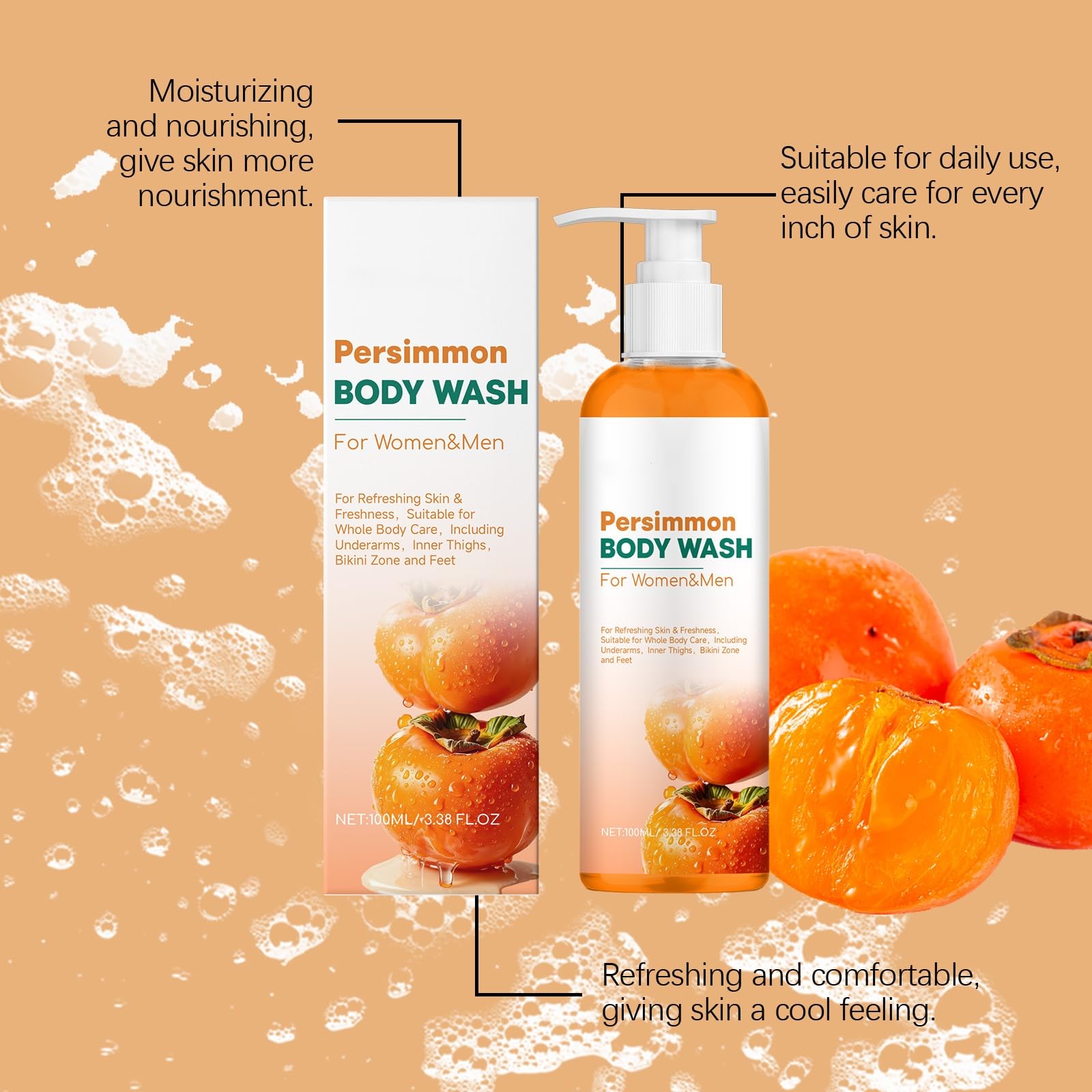 Persimmon mydło do ciała, kontrola zapachu, persimmon Body Wash, naturalne dezodoryzujące mydło persimmon, głębokie oczyszczanie ciała, kontrola zapachu Persimmon Bo/dy Wa/sh, Sensitive Skin (5 szt.)