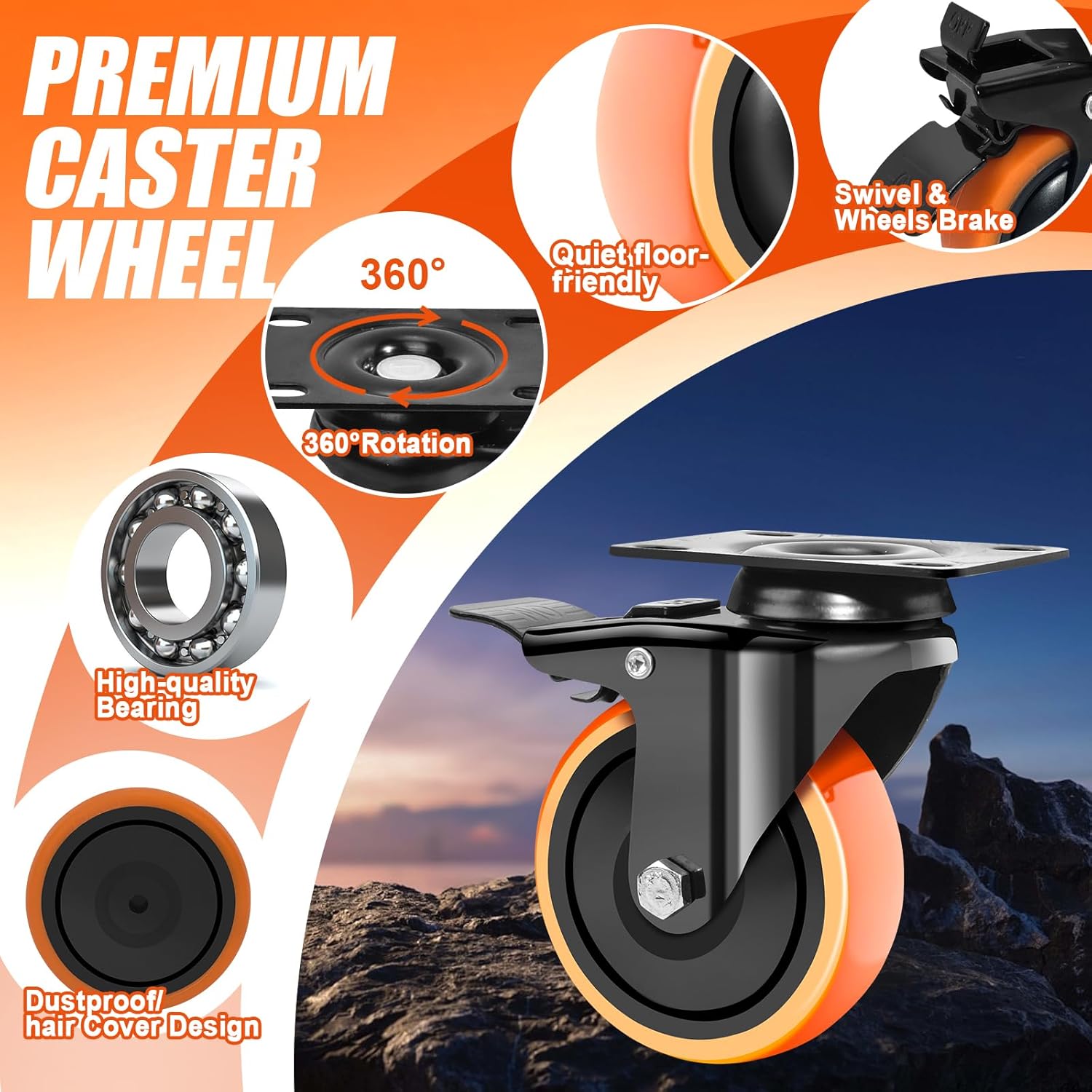 3" Caster Wheels,Casters Set of 4 with Safety Dual Locking, Heavy Duty Casters Set of 4 Load 1200 lbs with Brake, Swivel Industrial Plate Casters for Furniture,Workbench, Cart