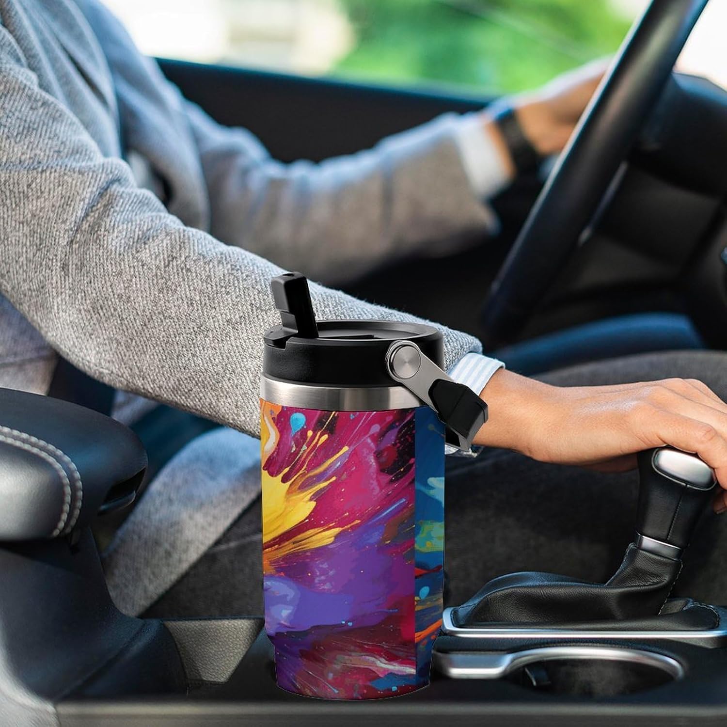 30oz Insulated Tumblers with Top Handle, Stainless Steel Colorful Paint Splatter Art in Many Colors Car Cup with Straw for Gift, Leak-Proof Double Wall Vacuum Travel Mug, Personalized Water Bottles Bl