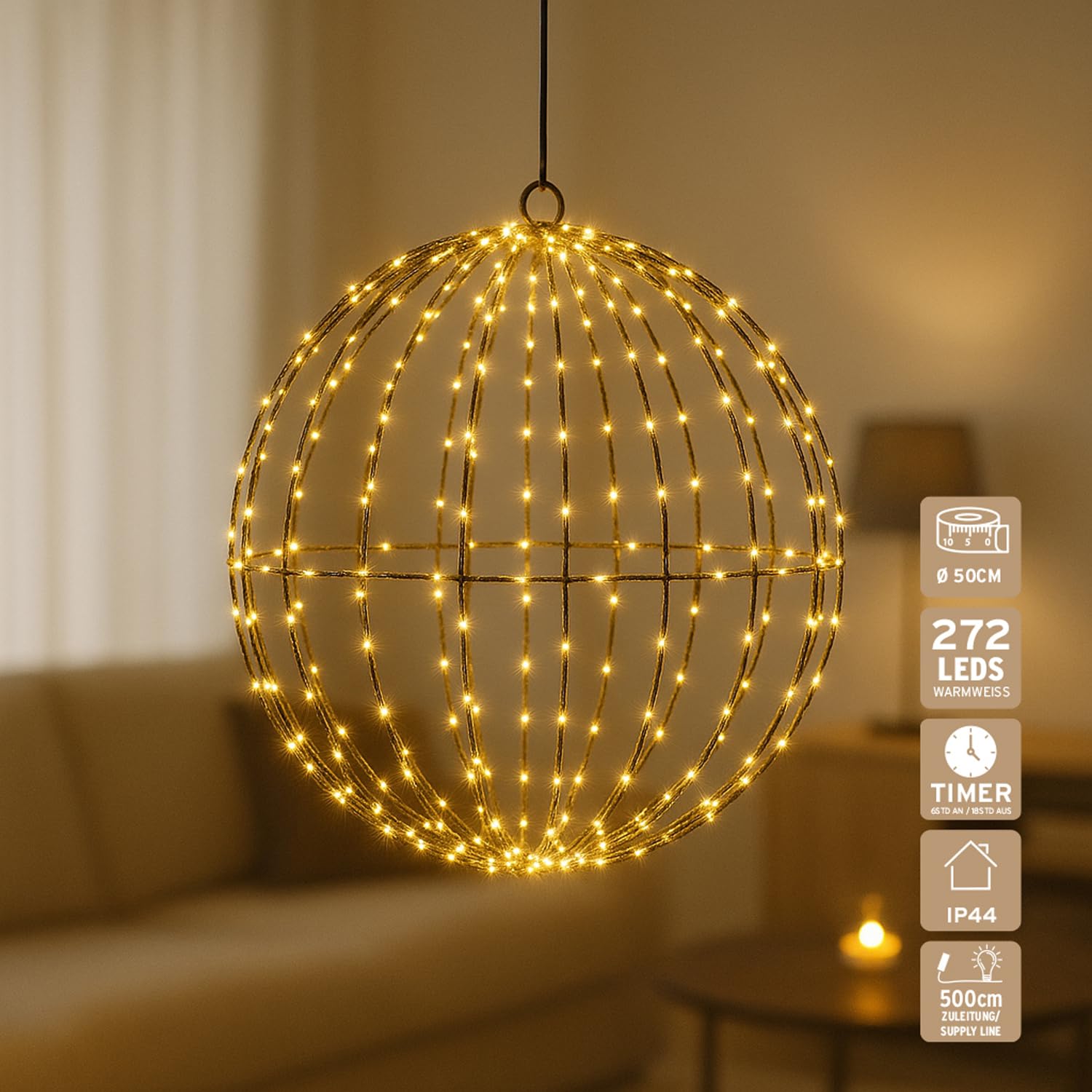 LED Leuchtkugel Metall Schwarz Ø 50 cm IP44 Timer mit Stecker Dekokugel