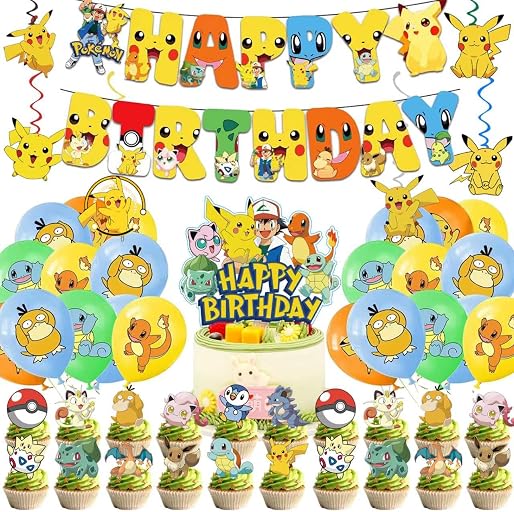 Cartoon Birthday Party Decorations Set, 48Pcs Party Supplies Include Happy Birthday Banner, Hanging Swirls, Cake Toppers, Cupcake Toppers, Balloons for Boys Girls Cartoon Theme Party