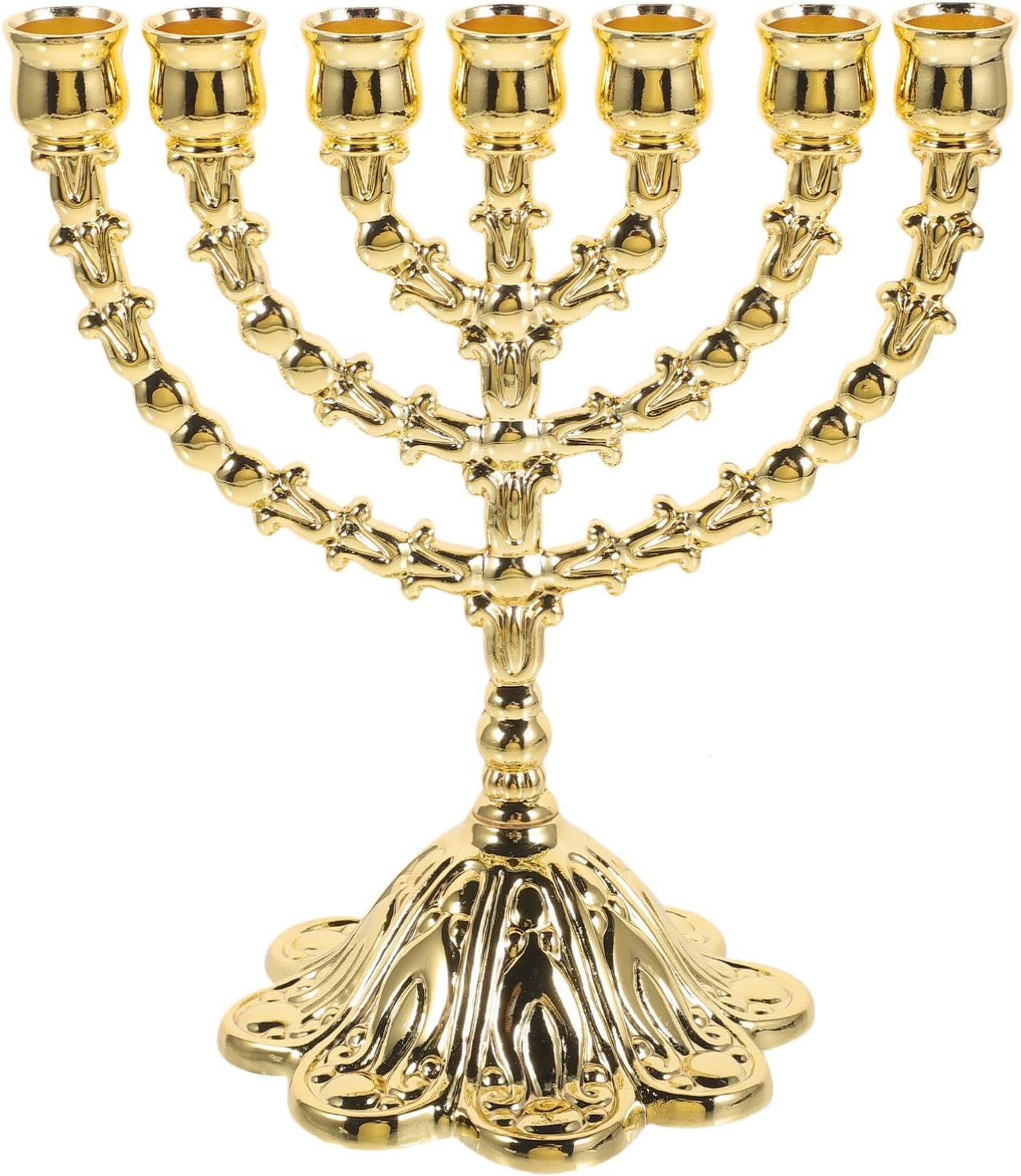 SEWACCJewish Menorah 7 Branch Candle Holder, Alloy Candlestick Table Decoration - Elegant Golden Metal Candle Holder for Home Decor Wedding Centerpiece and Gift