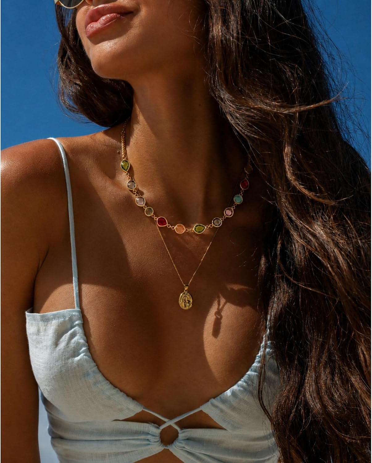 YOIHUR Natural Multi Stone Charm Necklace for Women, Boho Colorful Station Necklace, 925 Silver Chain, Handmade Summer Beach Jewelry, 2 Styles Available, Ideal for Holiday 、 Birthday Gifting