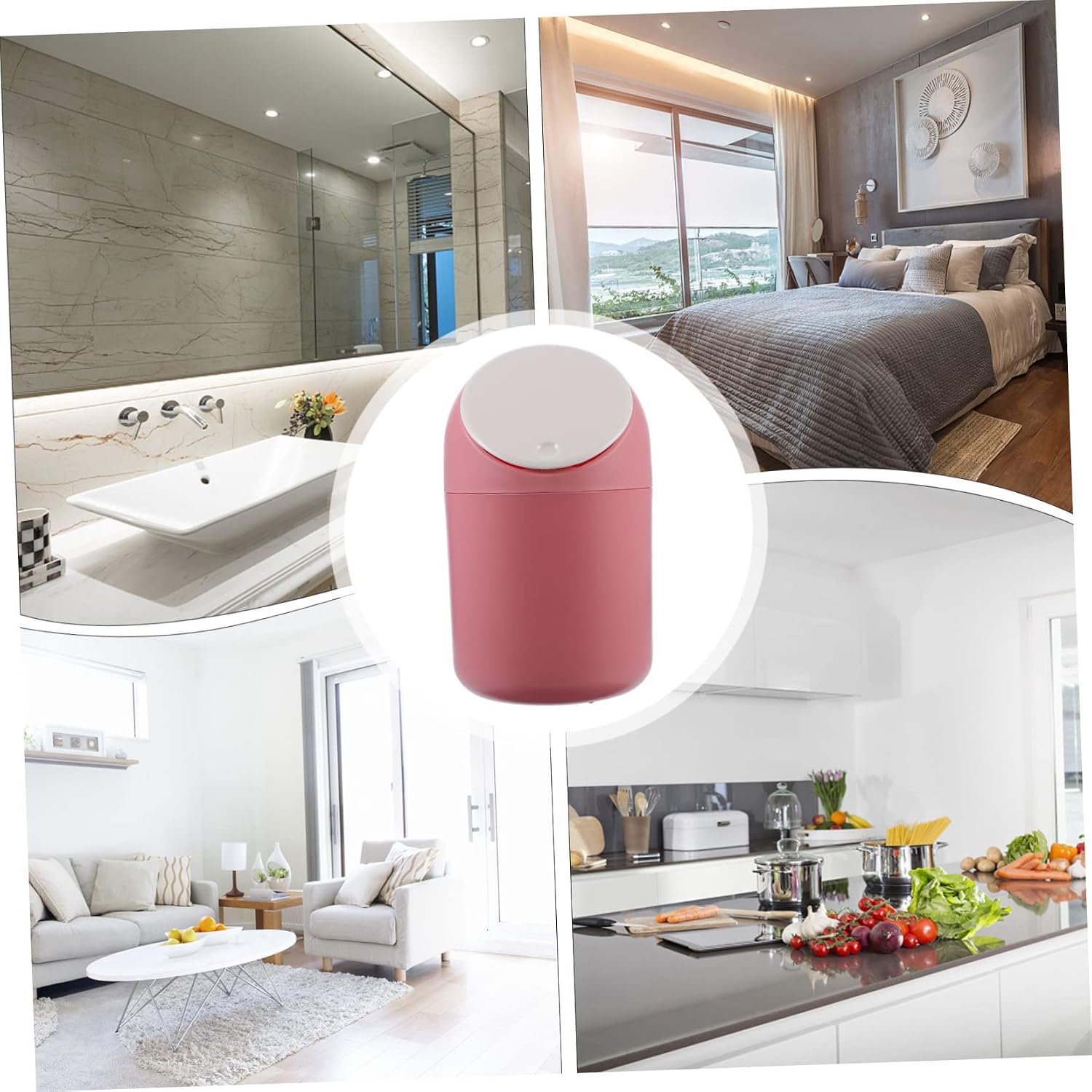 KOMBIUDA Mini Trash Can with Lid Tiny Rubbish Bin for Desk Bedroom Office Compact Material Wastebasket Adorable Pink Color Space-Saving Design