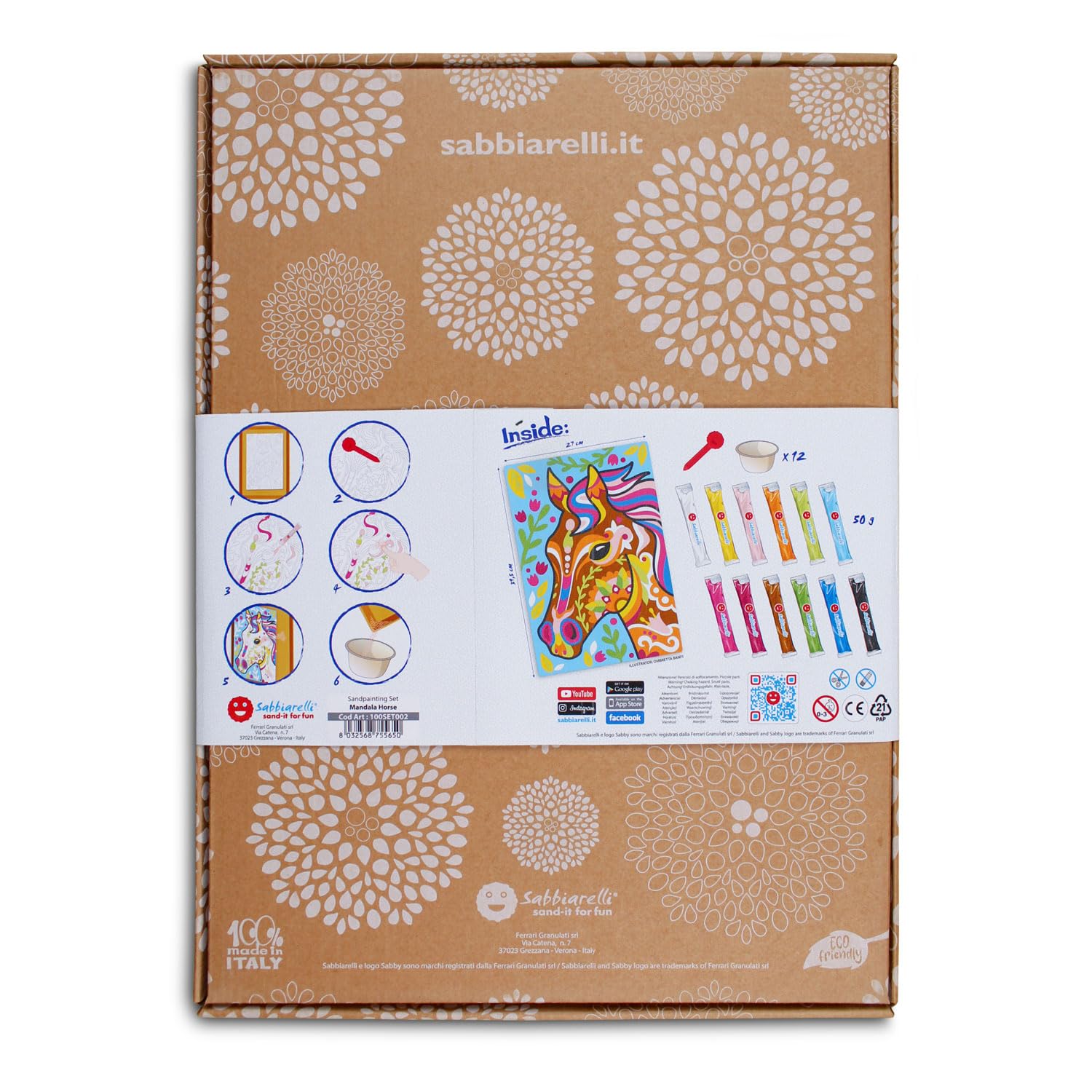 Sabbiarelli Sand-it For Fun – Maxi Set Mandala Cavallo 12-99 | Kit di Sand Art 100% Made in Italy con Sabbia Colorata, 1 Poster Adesivo e Accessori | Hobby Creativo Facile, Relax per Ragazzi e Adulti