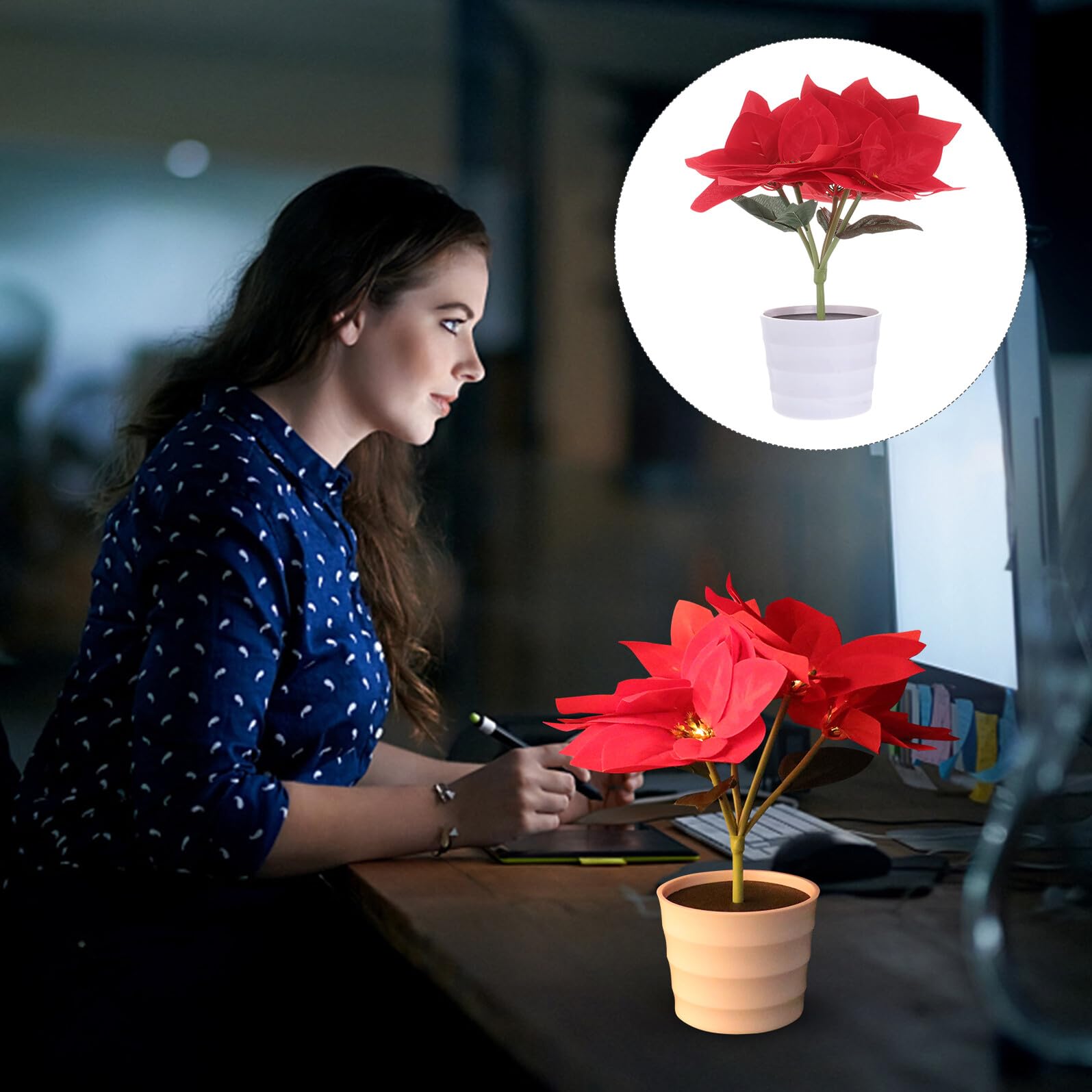 ORFOFE Dekoratives Blumentopf Nachtlicht mit Künstlicher Poinsettia aus Kunststoff und Stoff Stilvolle Tischlampe für Schlafzimmer und Laden Zufälliger Stil