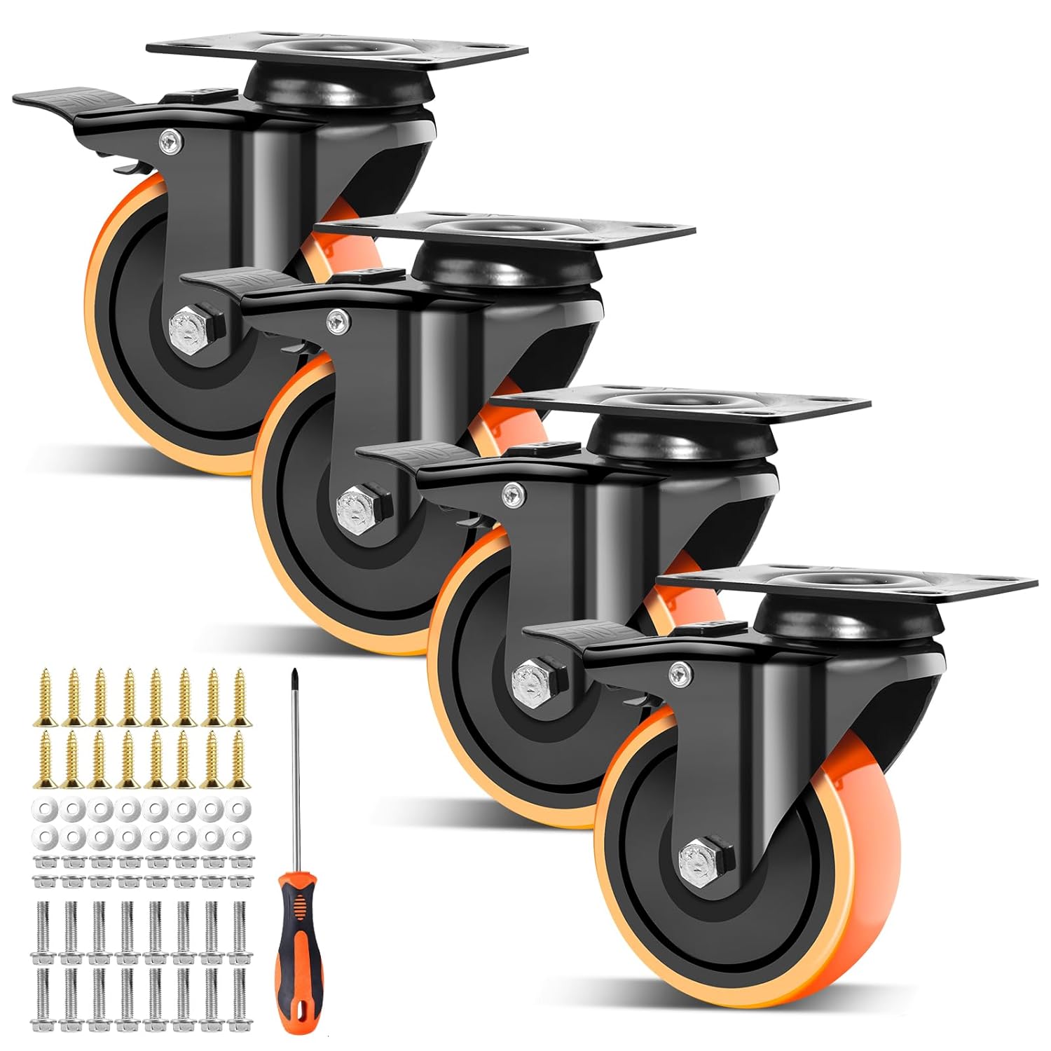 3" Caster Wheels,Casters Set of 4 with Safety Dual Locking, Heavy Duty Casters Set of 4 Load 1200 lbs with Brake, Swivel Industrial Plate Casters for Furniture,Workbench, Cart