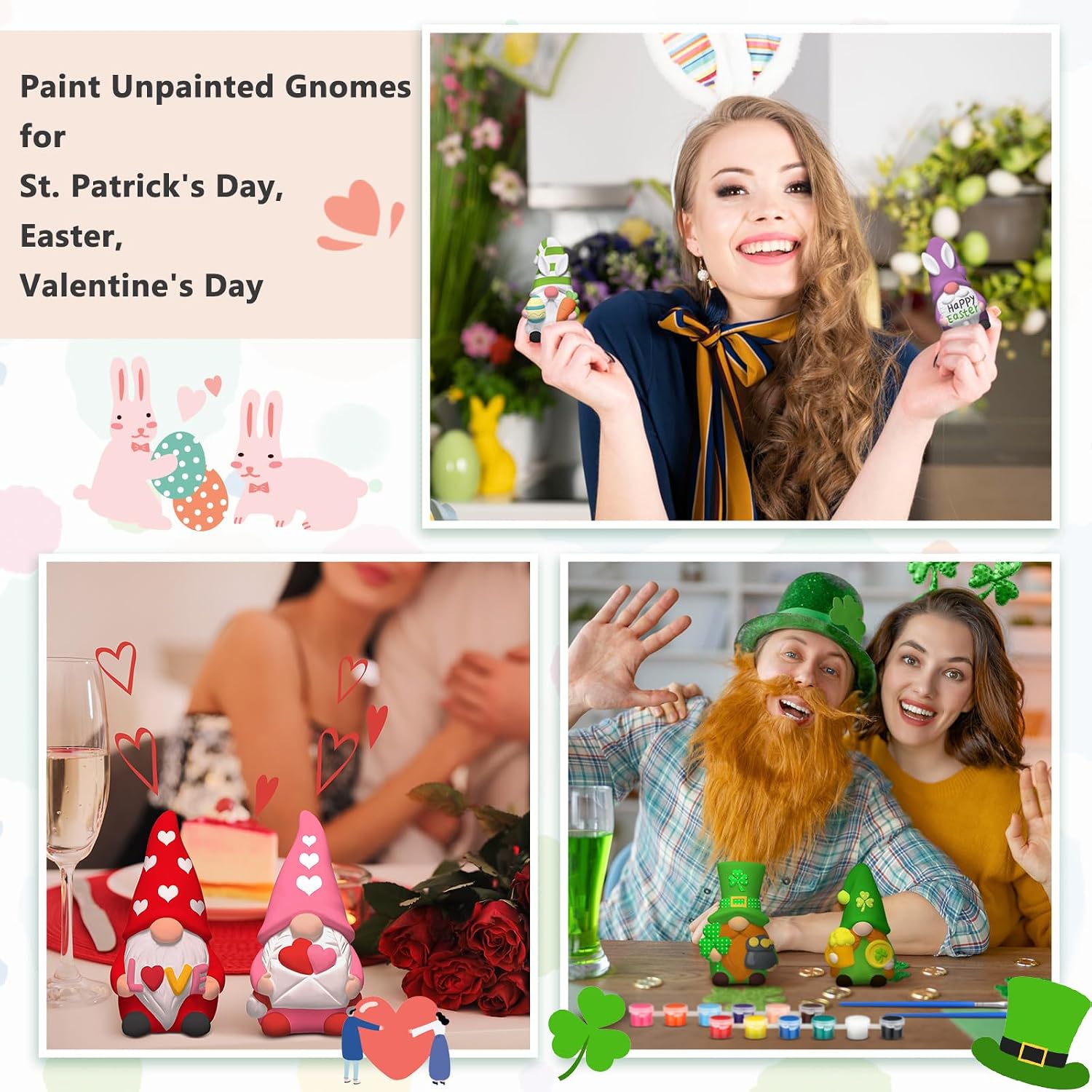 VioraWhite 6 Pcs Easter Gnome Ceramics to Paint Galentines Crafts Seasonal Holiday Ready to Paint Your Own Gnome Statues 4'' Mini Unpainted St. Patrick's Day Valentine Ceramics Figurines to Painting