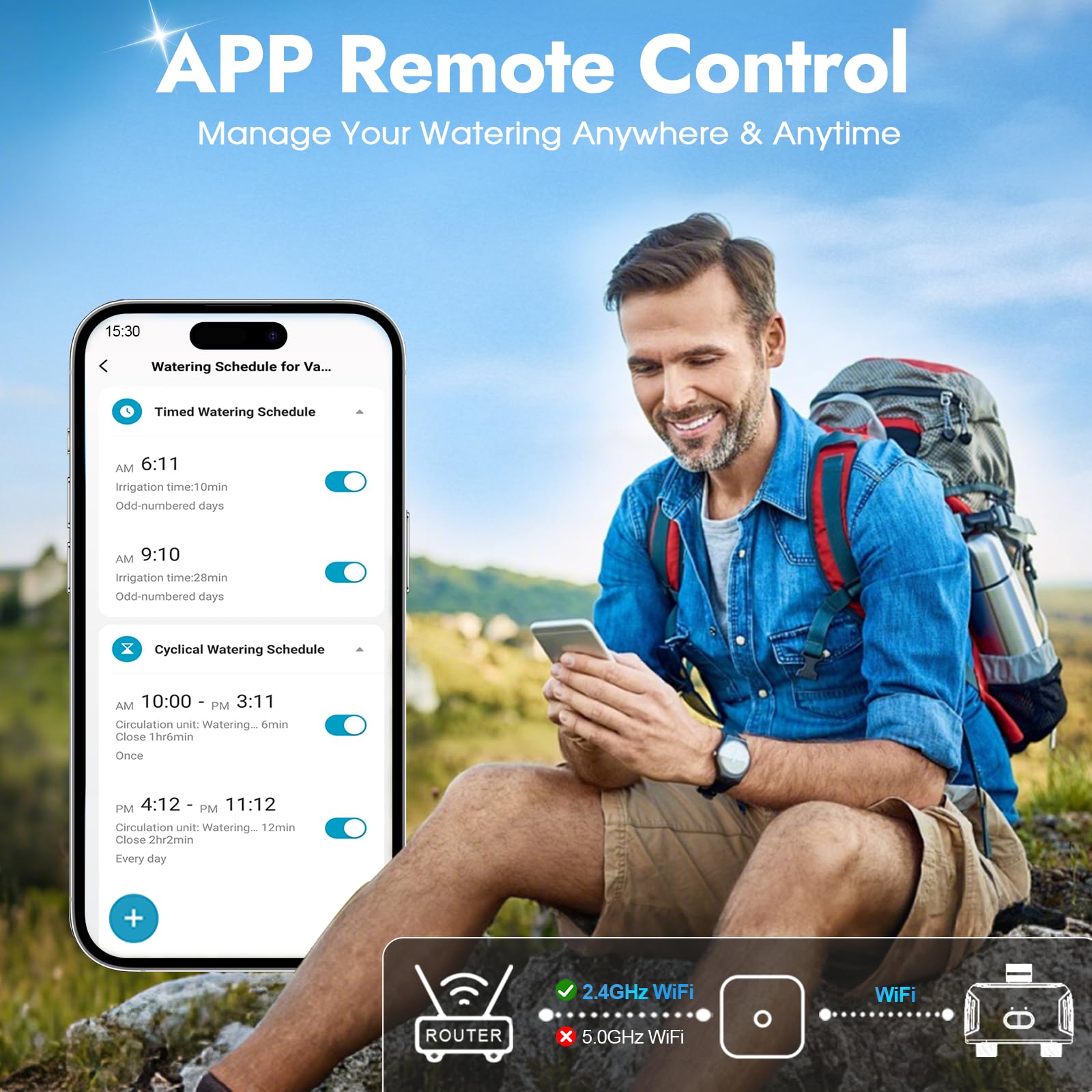 Timer wody WiFi do węża ogrodowego z mosiężnym wlotem i wylotem, inteligentny timer węża z koncentratorem WiFi, aplikacją i sterowaniem głosowym, do 20 planów nawadniania, 2-strefowy kontroler systemu