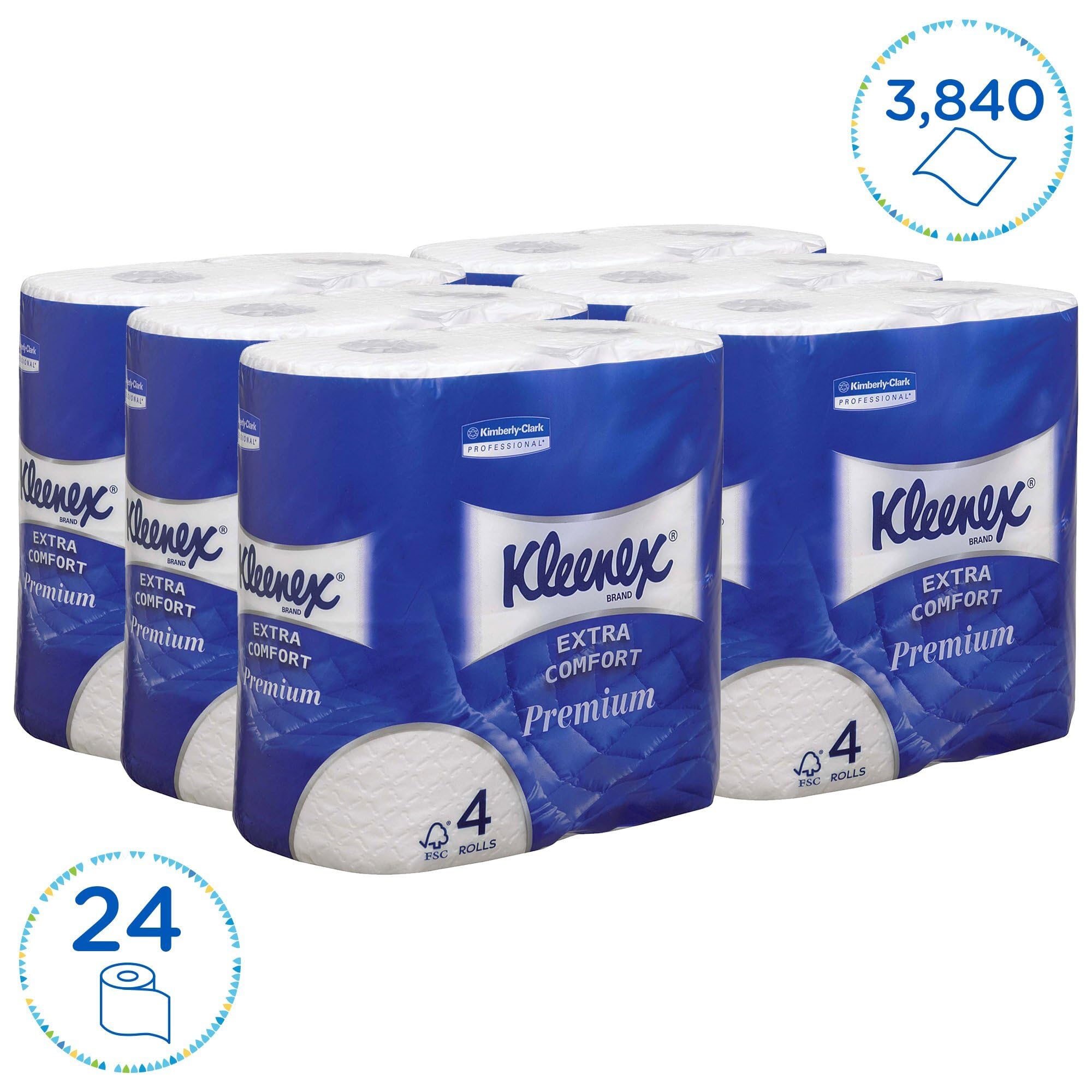 Kleenex Papier Toilette, 4 Épaisseurs, Blanc, Doux et Résistant, Certifié FSC, Format Petits Rouleaux, 24 Rouleaux x 160 Feuilles (3 840 Feuilles au Total), article 8484