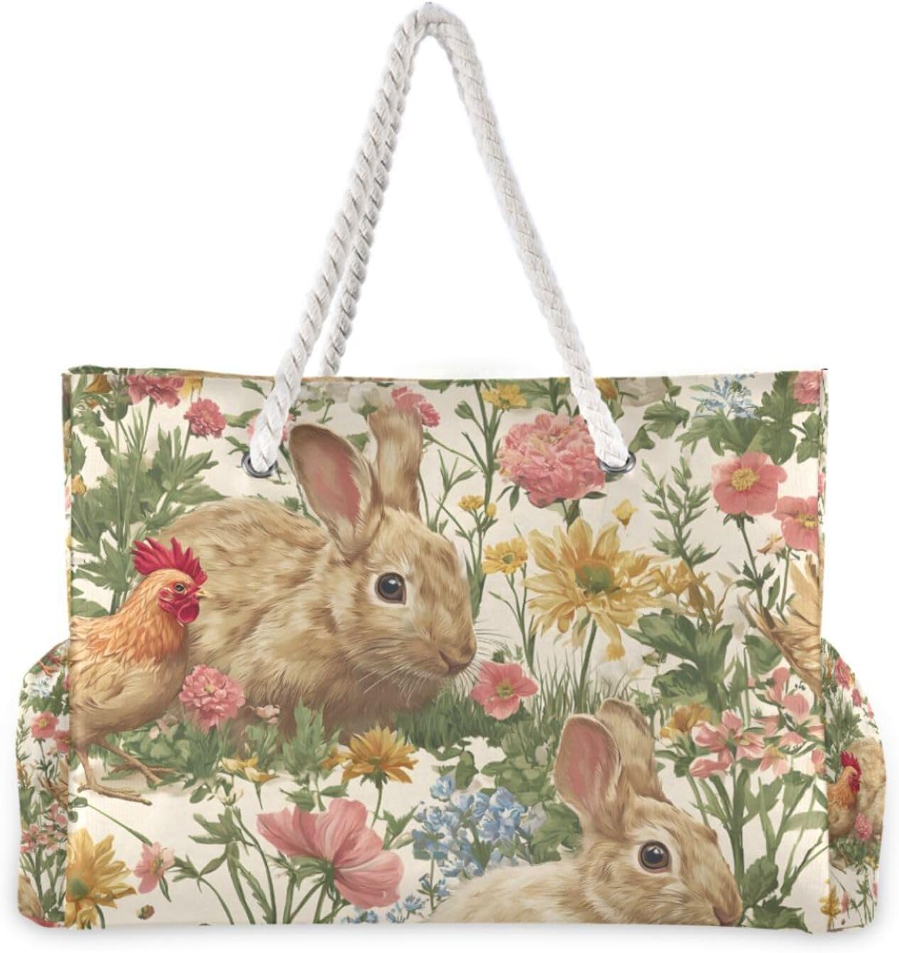 OTVEE Animal and Flower Design Beach Bags for Women Ladies Large Canvas Tote Shoulder Bag Waterproof Travel Bags for Gym Swim Pool Camping
