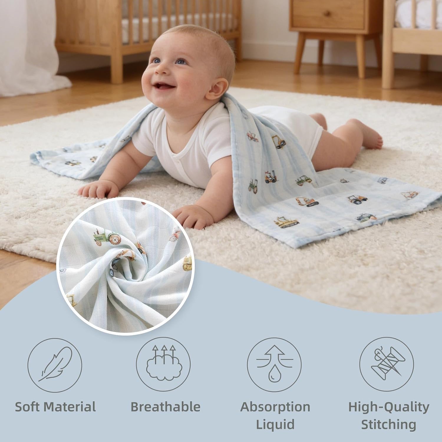 LifeTree Baby Swaddle Blankets, Boys Girls Muslin Swaddling Wrap Receiving Blanket for Newborn, 70% Viscose from Bamboo and 30% Cotton, Large 47" x 47", Car and Checkered