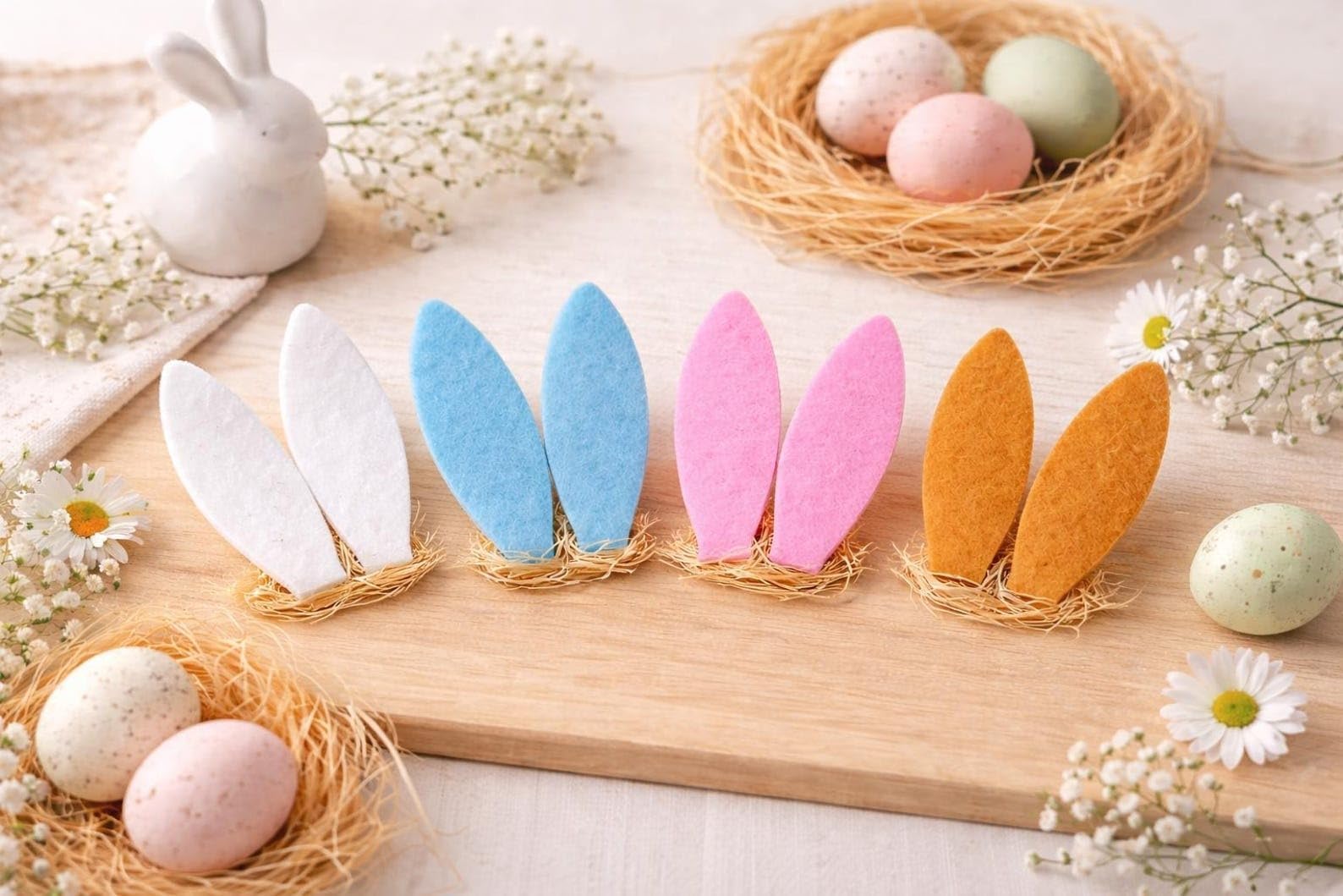 Curious Button 8 Pcs Felt Bunny Ears Craft Supplies – Easter Bunny Ear Cutouts for DIY Crafts, Easter Decorations, Kids Art Projects, Party Decor & Spring Home Decoration – 5.51x2.36 Inch