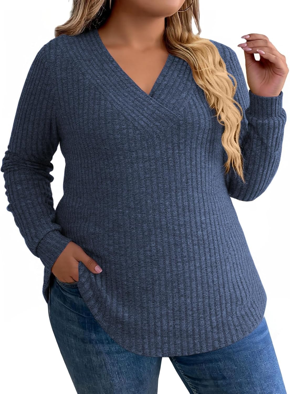 VISLILY Womens-Plus-Size-Tops Trendy V Neck Casual Long Sleeve Shirts Lightweight Knit Sweaters Cute Pullover Tunics Blouses - Image 4