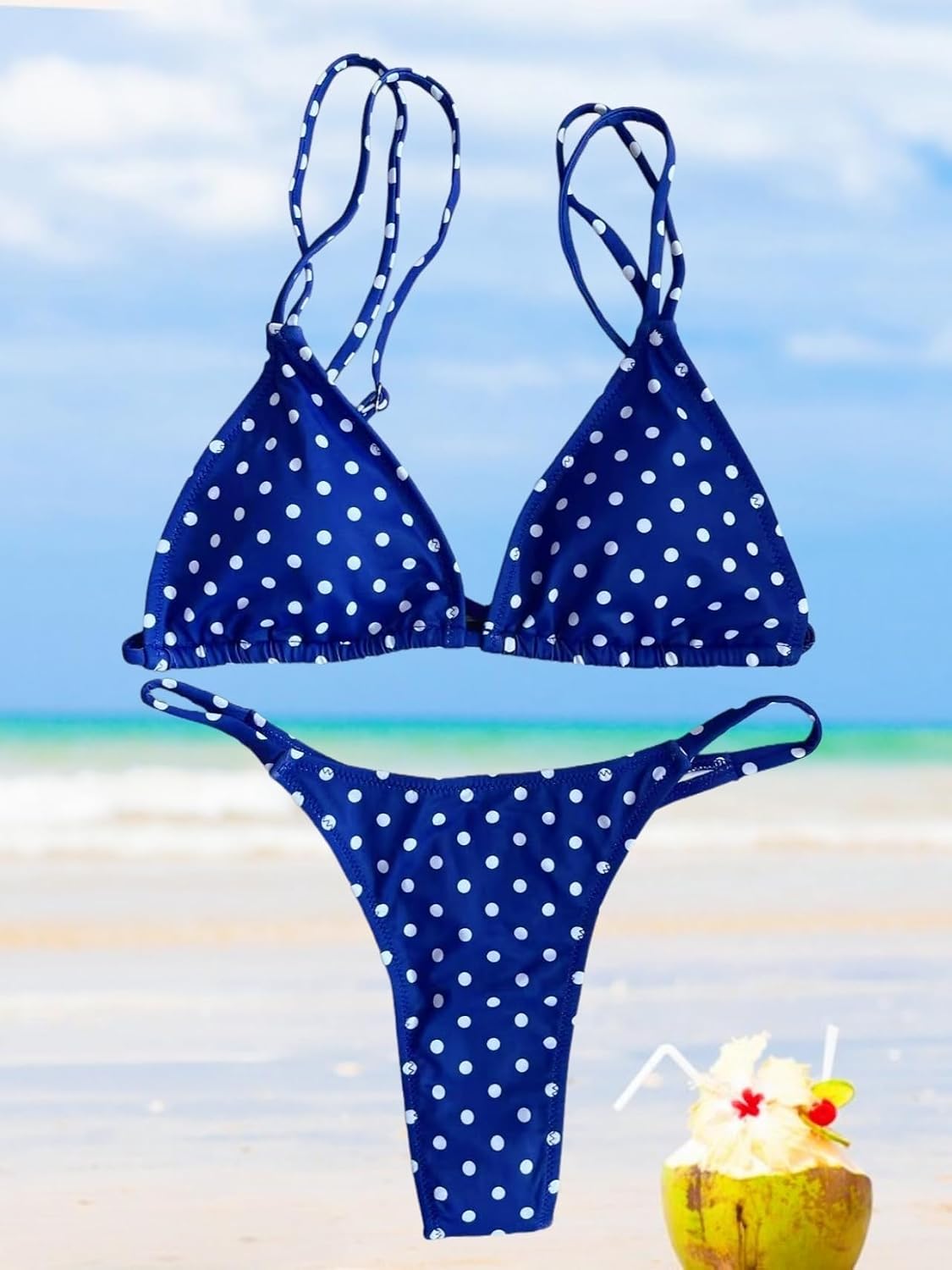 Women's Sexy Thong Bottom Two Piece Bikini Double Shoulder Straps Cute Swimsuit Triangle Bathing Suit