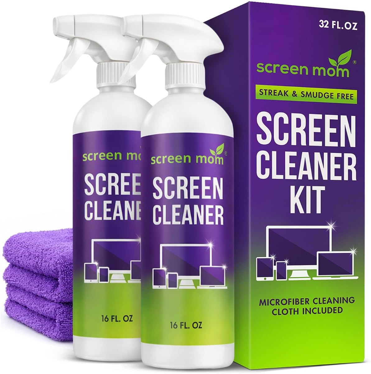 Screen Mom Spray limpiador de pantalla, paquete de 2, 16 oz para TV, automóvil, computadora portátil y computadora | Fórmula sin rayas, sin alcohol ni amoníaco, seguro para televisores, tabletas y teléfonos de vidrio OLED, limpieza suave, acabado sin residuos