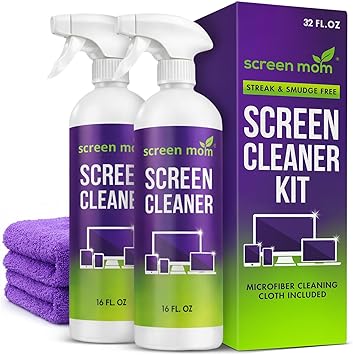 Screen Mom Screen Cleaner Spray and Microfiber Cloth 2-Pack 2x16oz Screen Cleaner Spray and Wipe for TV, Computer, Phone, iPad, Car Screen Cleaning Kit Electronic Cleaner Spray
