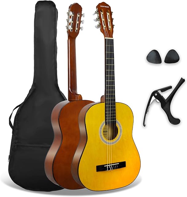 3rd Avenue Hiszpańska gitara klasyczna Kids w zestawie startowym dla początkujących, rozmiar 3/4, gitara akustyczna z nylonowymi strunami, futerałem, kapodastrem i kostkami w kolorze naturalnym