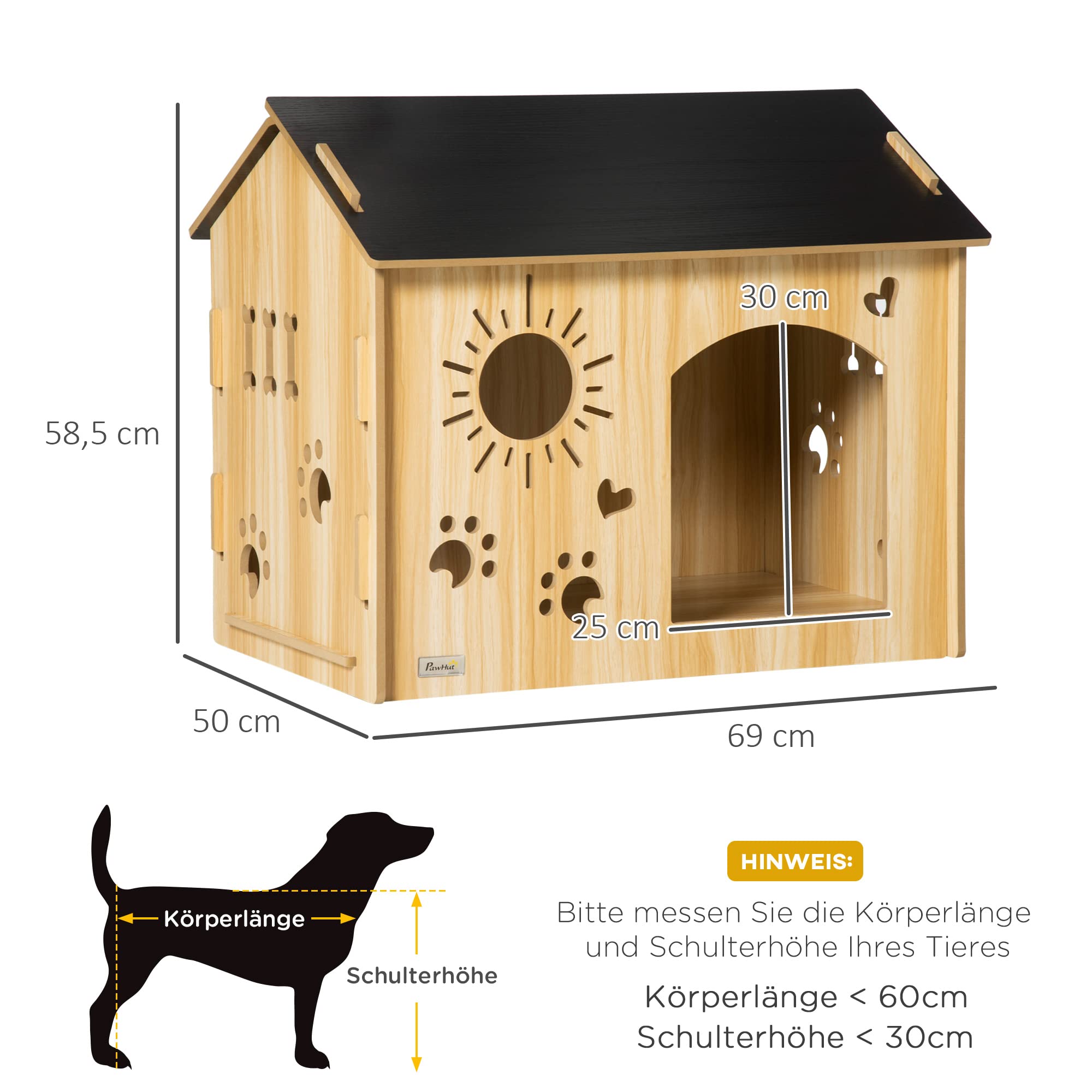 PawHut Hundehütte aus Holz Katzenhaus mit Lüftungsöffnungen niedliches Pfoten-Design Dach Indoor Hundehöhle Haustierhaus für Katzen, Welpen