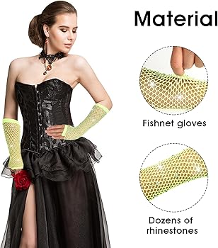 Guantes De Rejilla Largos Sin Dedos Para Mujer En Amarillo Con Diamantes De Imitación – Brillantes Para Fiesta De Los 80, Halloween Y Cosplay