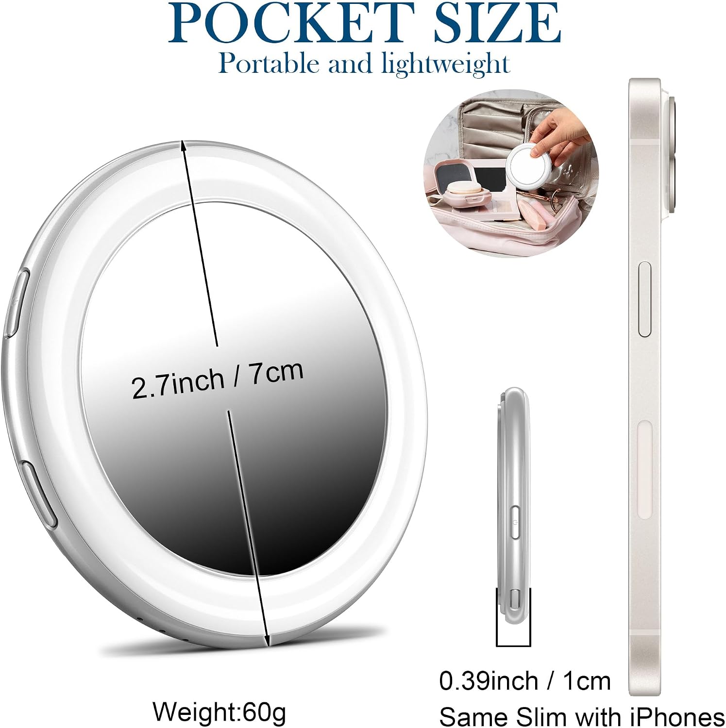 3-in-1 Magnetic Stand Selfie Mirror with LED Light for iPhone, Android Phone and Laptop, Silver, 3 Brightness, 3 Light Modes, with 2 Metal Rings, Stand with Magsafe Gift for Girl Selfies, Vlogging