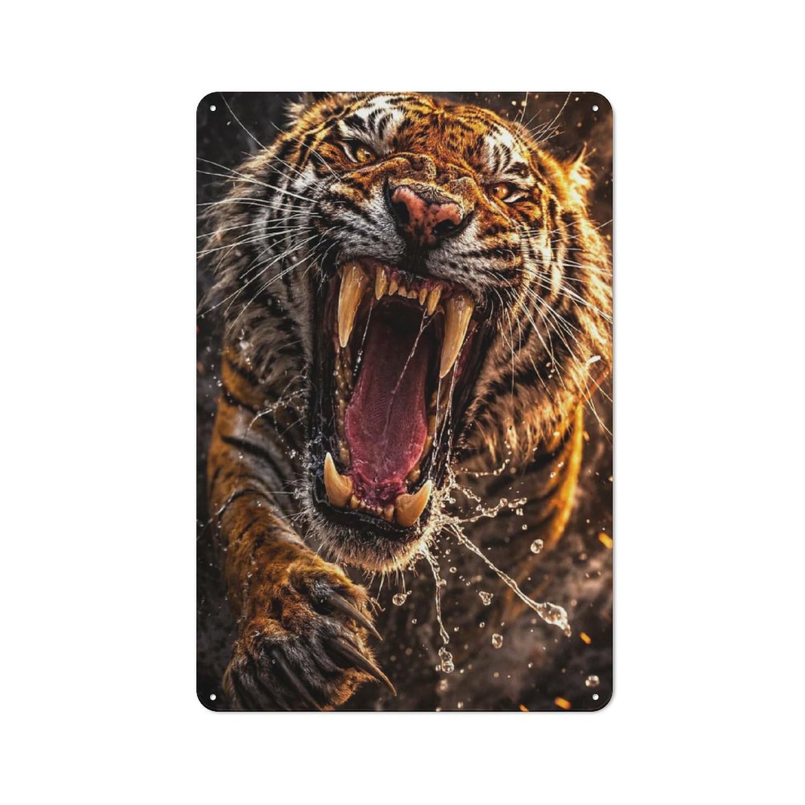 Junmoney Style-18 Vintage Fierce Tiger Roaring With Water Splashing Metal Wall Art Sign 30X20cm, Old Style Wall Plaque For Bedroom, Office, Home Bar Or Dining Room