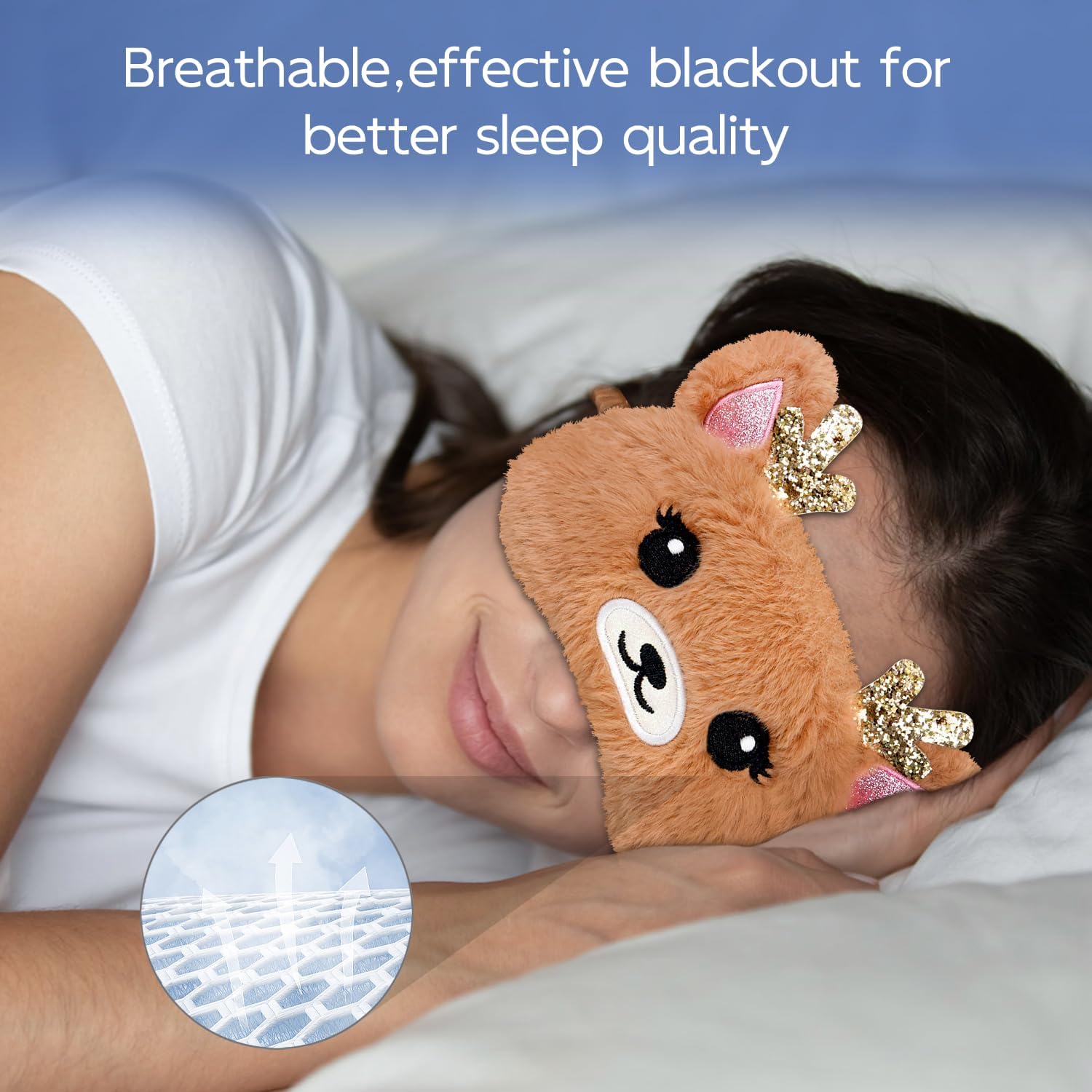 Cute Animal Sleeping Mask Sleep Mask, Xmas Reindeer Soft Plush Eye Mask for Travel Nap Funny Rudolph Blindfold Eye Cover Eyeshade for Adult Kids Girls Teens Men Women - Reindeer, Gold & Brown image 3
