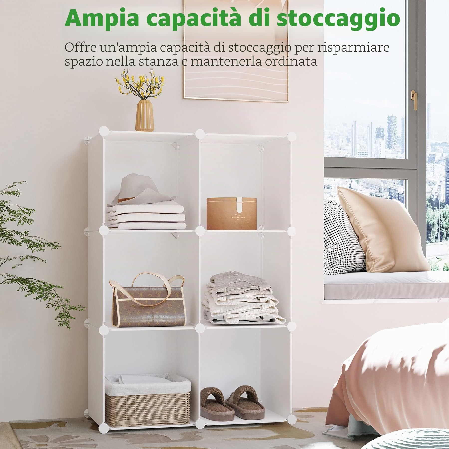 C&AHOME Organizzatore di contenitori a cubo, scaffali a 6 cubi, armadio, scaffale modulare in plastica fai-da-te, ideale per camera da letto, soggiorno, ufficio, 36,6 "L x 12,4" L x 36,6 "H Latteo