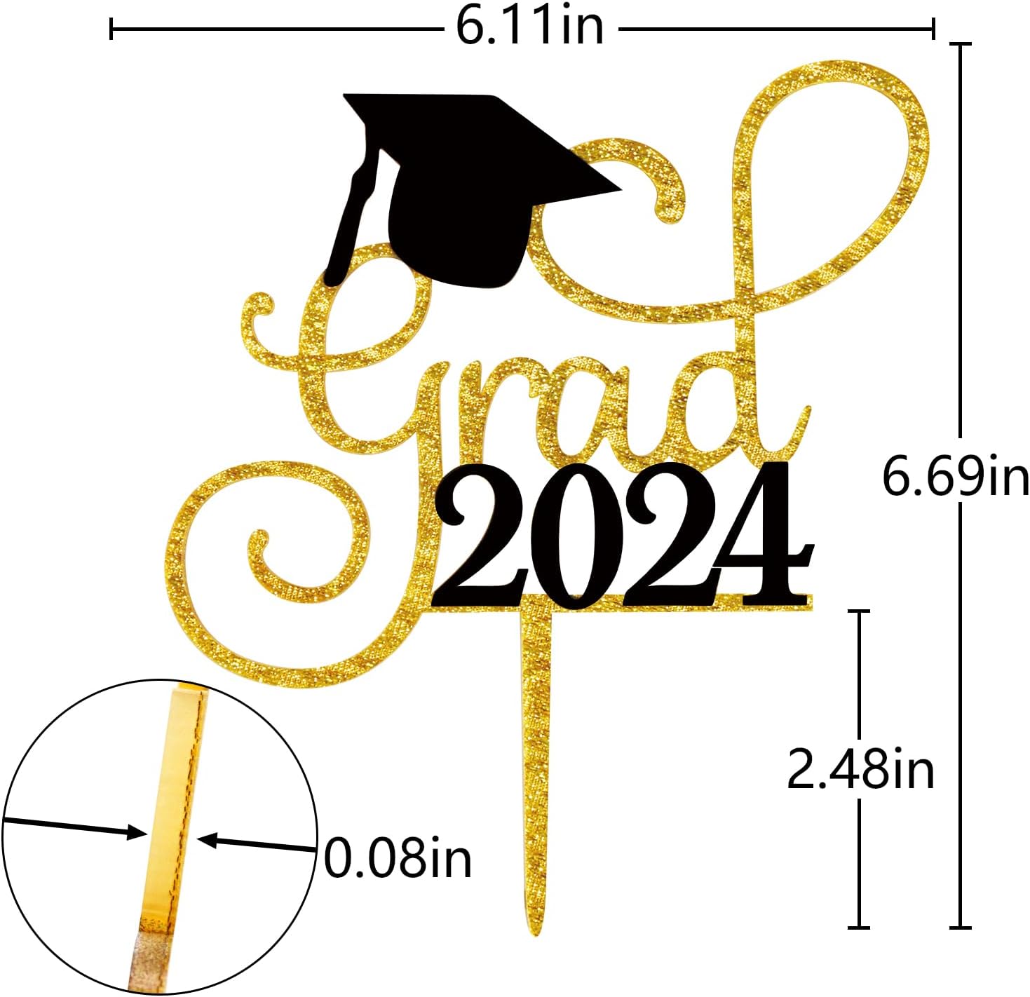 Grad 2024 Cake Topper, Graduation Cake Topper, Class of 2024 Grad Party Decorations (Gold & Black)